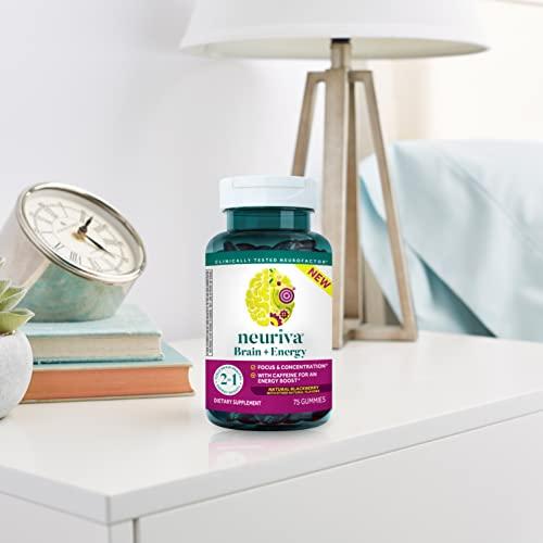 NEURIVA NEURIVA Brain + Energy Gummies, Nootropic Brain Supplements for Focus and Concentration with Neurofactor, Vitamin B12 & Caffeine for an Energy Boost*, 75ct Natural BlackBerry