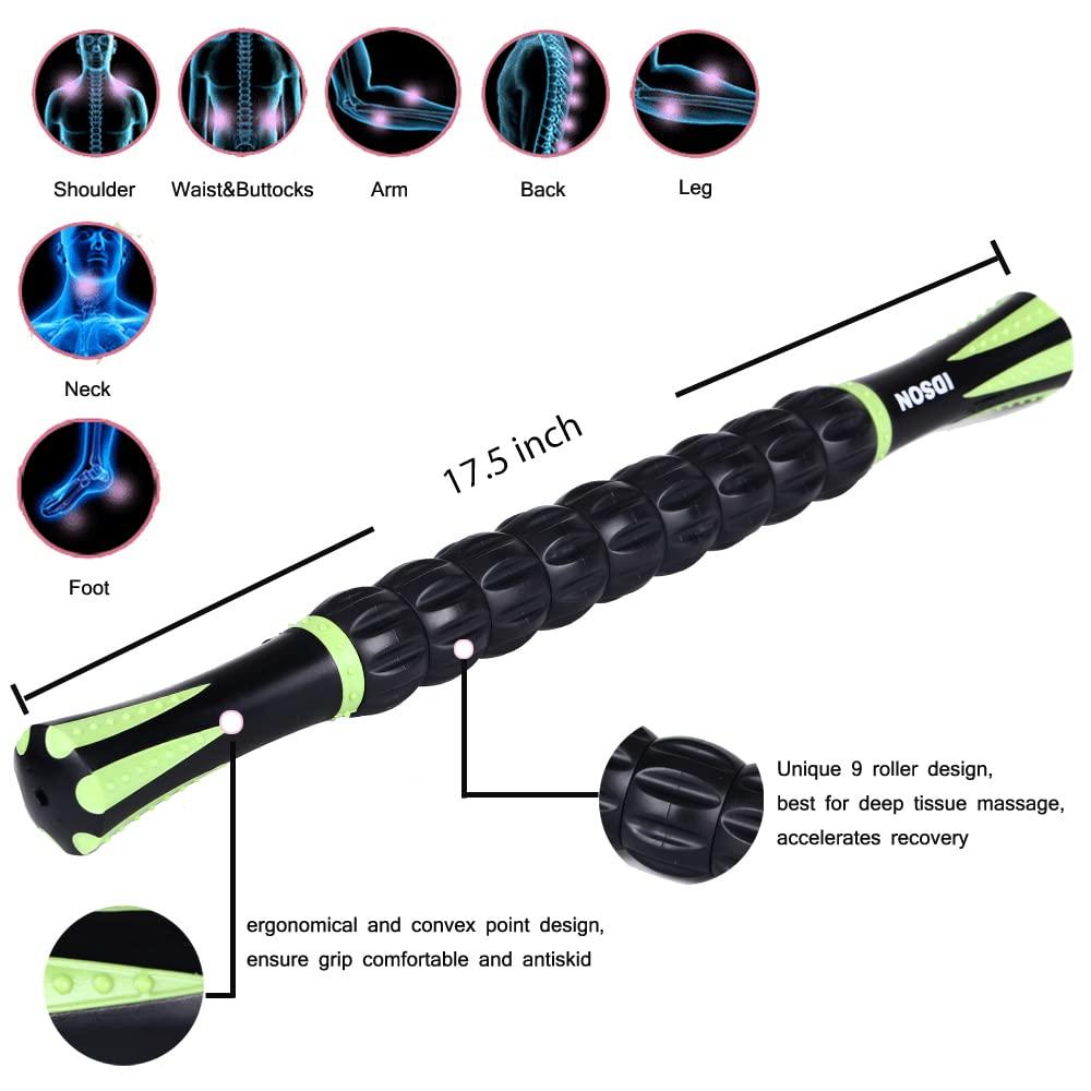 IDSON Idson Muscle Roller Stick for Athletes- Body Massage Sticks Tools Massager for Relief Muscle Soreness,Cramping and Tightness,Help Legs and Back Recovery,Black Green