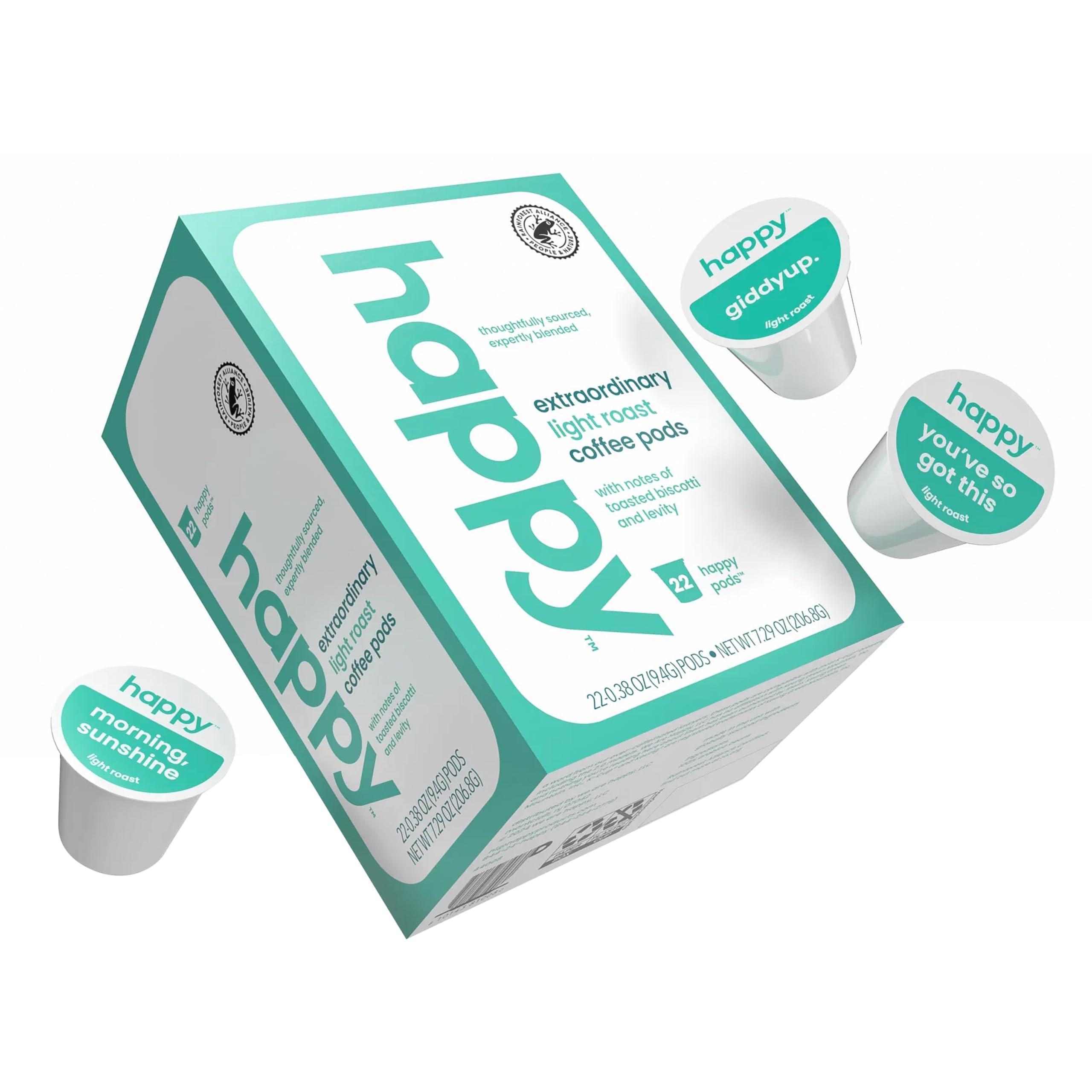 We Are Happy, LLC happy coffee light roast coffee pods, 22 count, notes of toasted biscotti and levity, compatible with most K-cup brewers, rainforest alliance certified