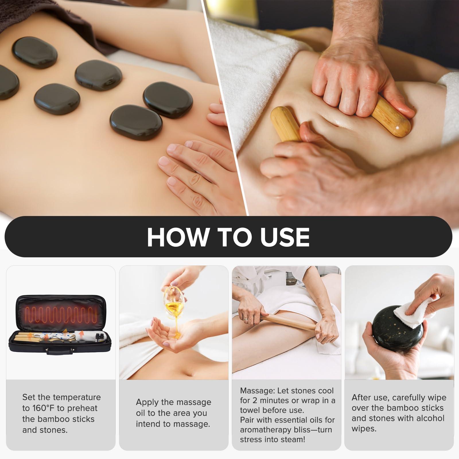 Goodtar Goodtar Hot Bamboo Massage Kit - Portable Massage Stone Warmer Bamboo Massage and Rocks w/Digital Temp Controller, Car Adapter (Duble-Sided Heating Black)
