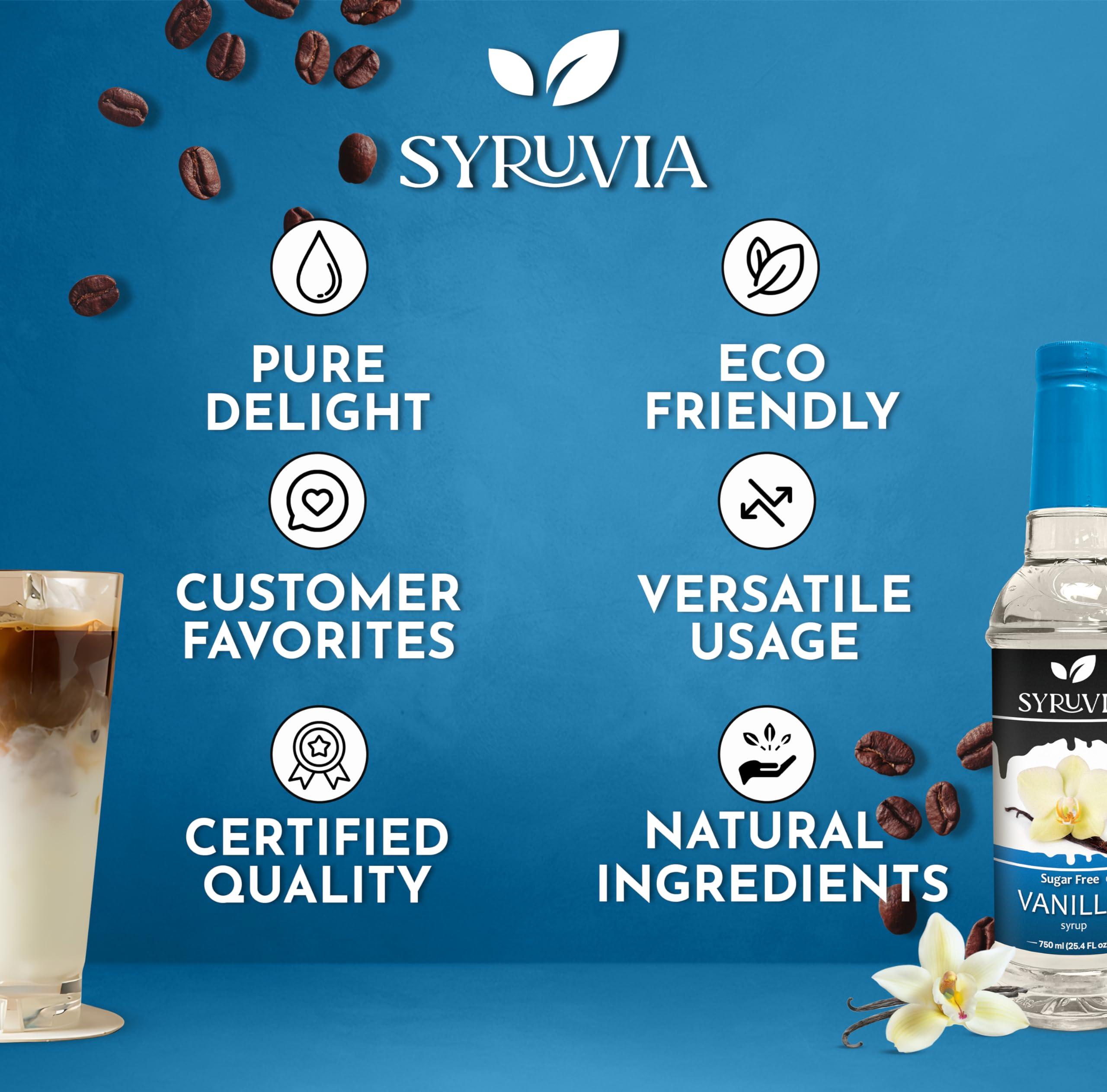 SYRUVIA Syruvia 4 Pack Sugar-Free Vanilla Coffee Syrup 25.4 fl oz - Syrup for Coffee, Lattes, Shakes, Smoothies, Desserts 100% Vegan, Gluten Free, Kosher No-Calorie Coffee Syrup,