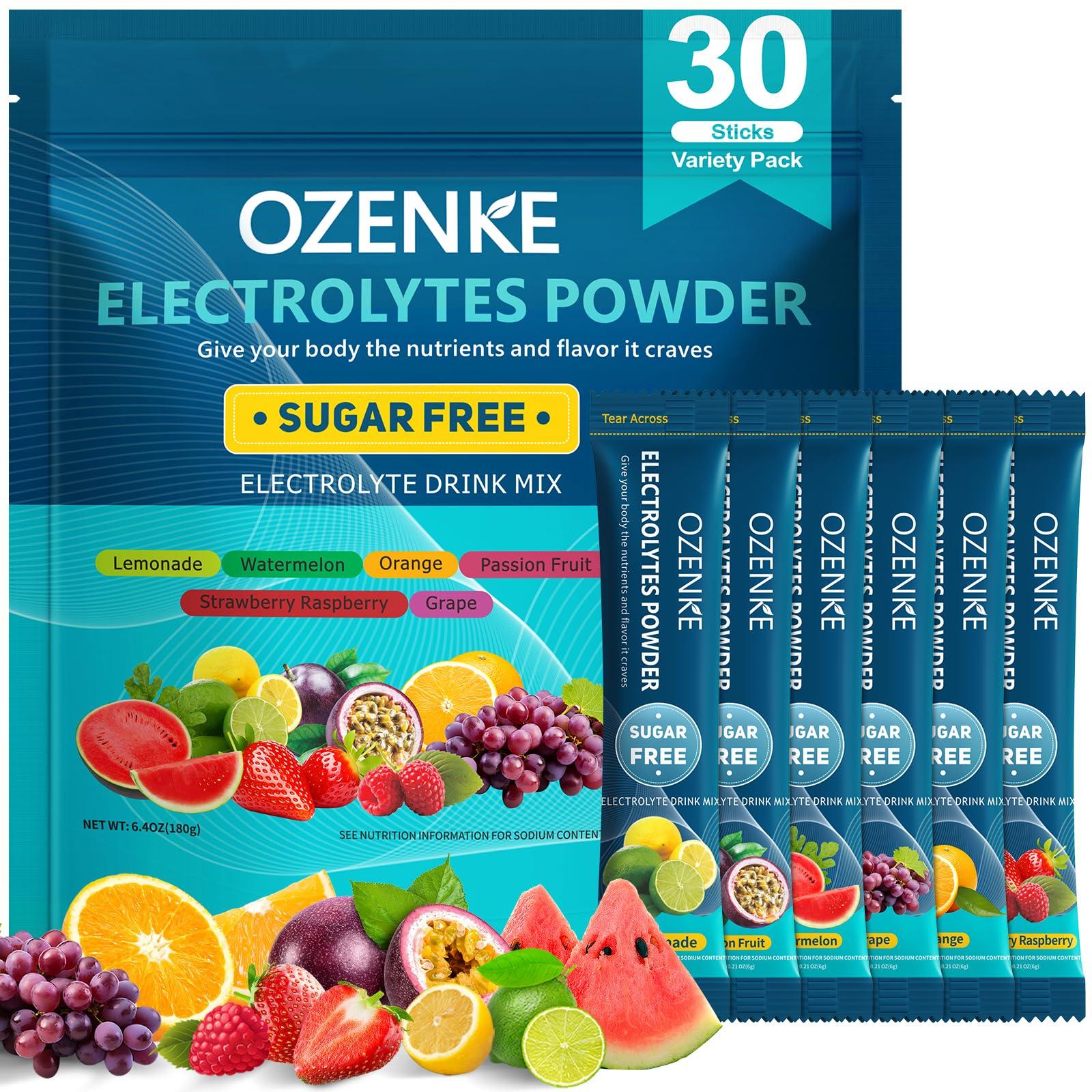 OZENKE OZENKE Electrolytes Powder Packets, 30 Sticks Hydration Packets Sugar Free, Electrolyte Drink Mix Travel Electrolyte Packets for Rapid Hydration, 6 Flavors