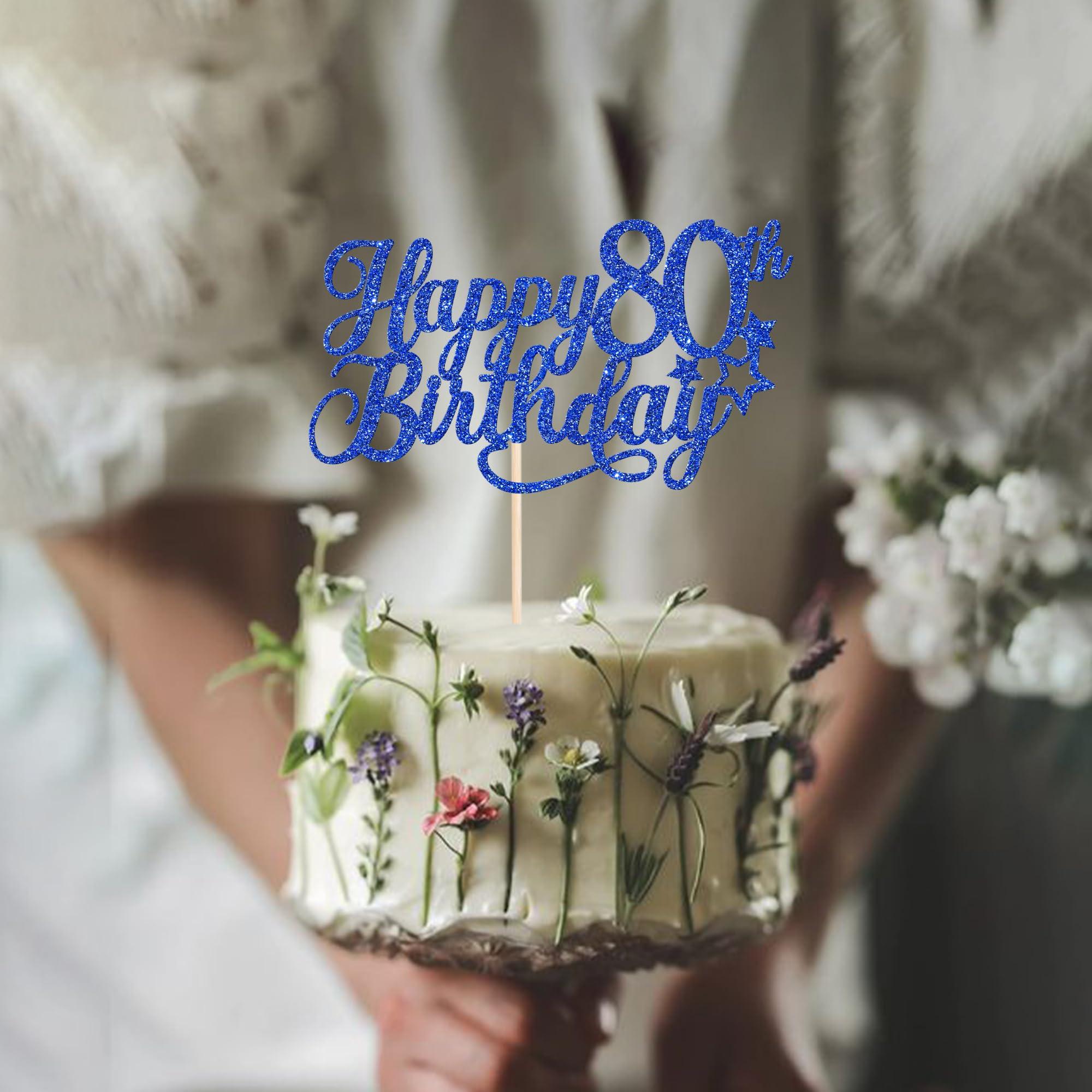 YCTHUNFISH 1 Pack Happy 80th Birthday Cake Topper Glitter Little Star Cheers to 80 Cake Pick 80 Fabulous Cake Decorations for 80th Birthday Anniversary Theme Party Supplies Blue