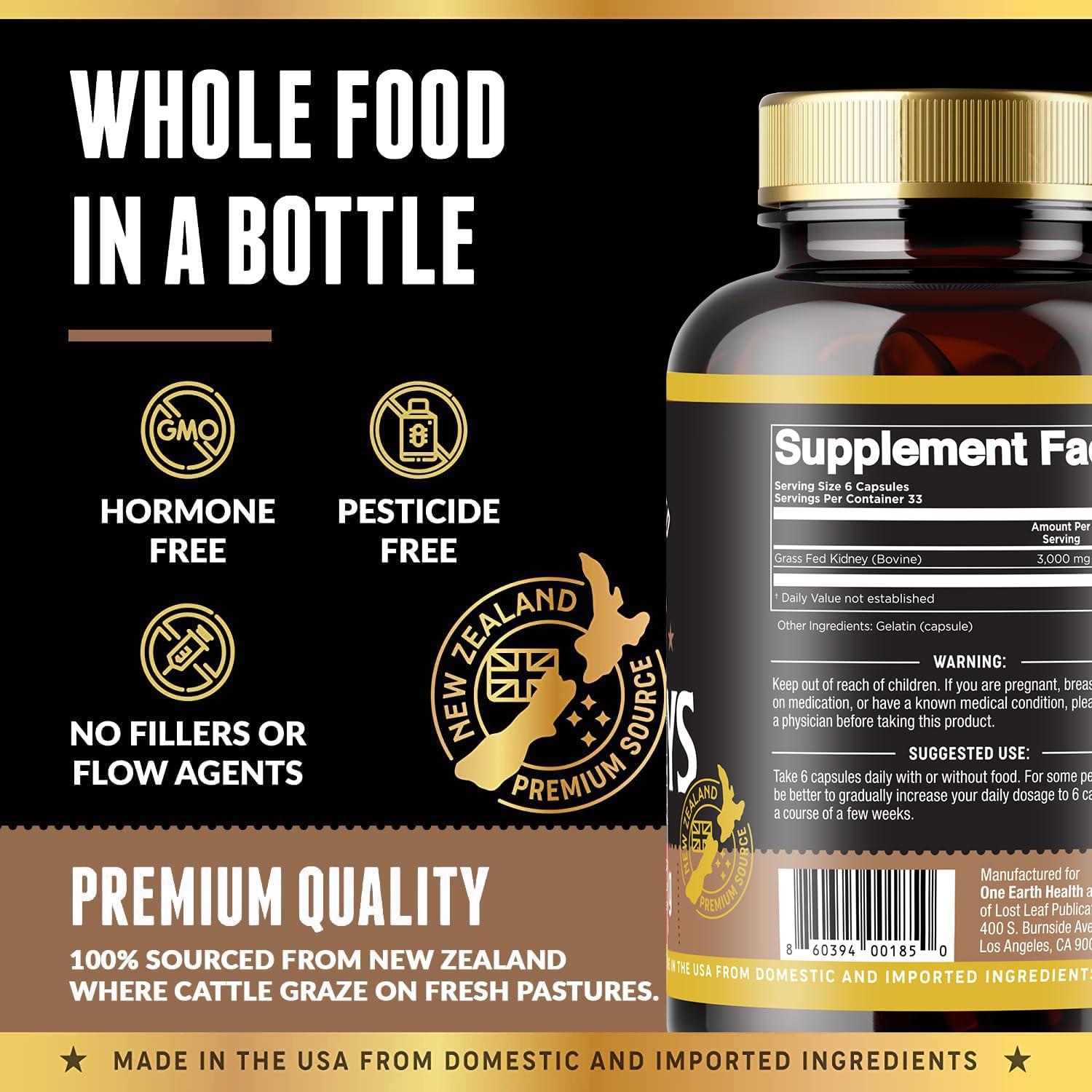One Earth Health Grass Fed Beef Kidney Supplement - (200 Count) New Zealand Sourced for Kidney Support and DAO Health