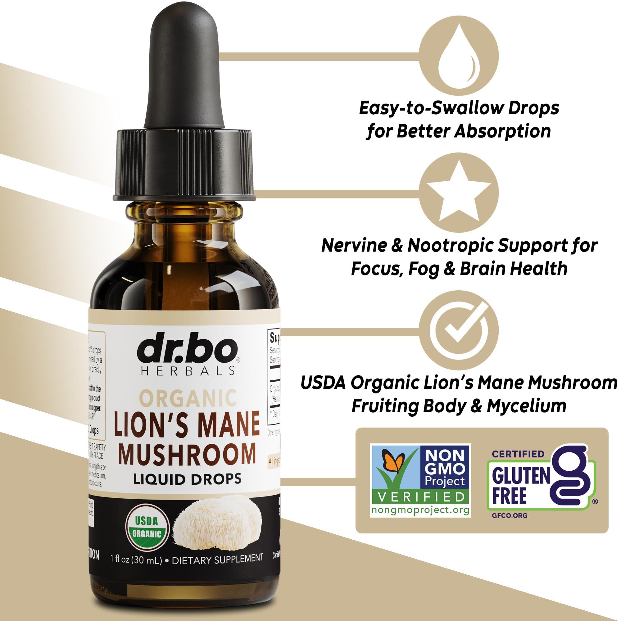 DR. BO Lions Mane Mushroom Supplement Drops - Organic Lion\'s Mane Mushroom Liquid Tincture for Focus, Fog Brain Health Supplements - Vegan Herbal Nervine Nootropic Organic Lions Liquid Supplement Extract 1oz