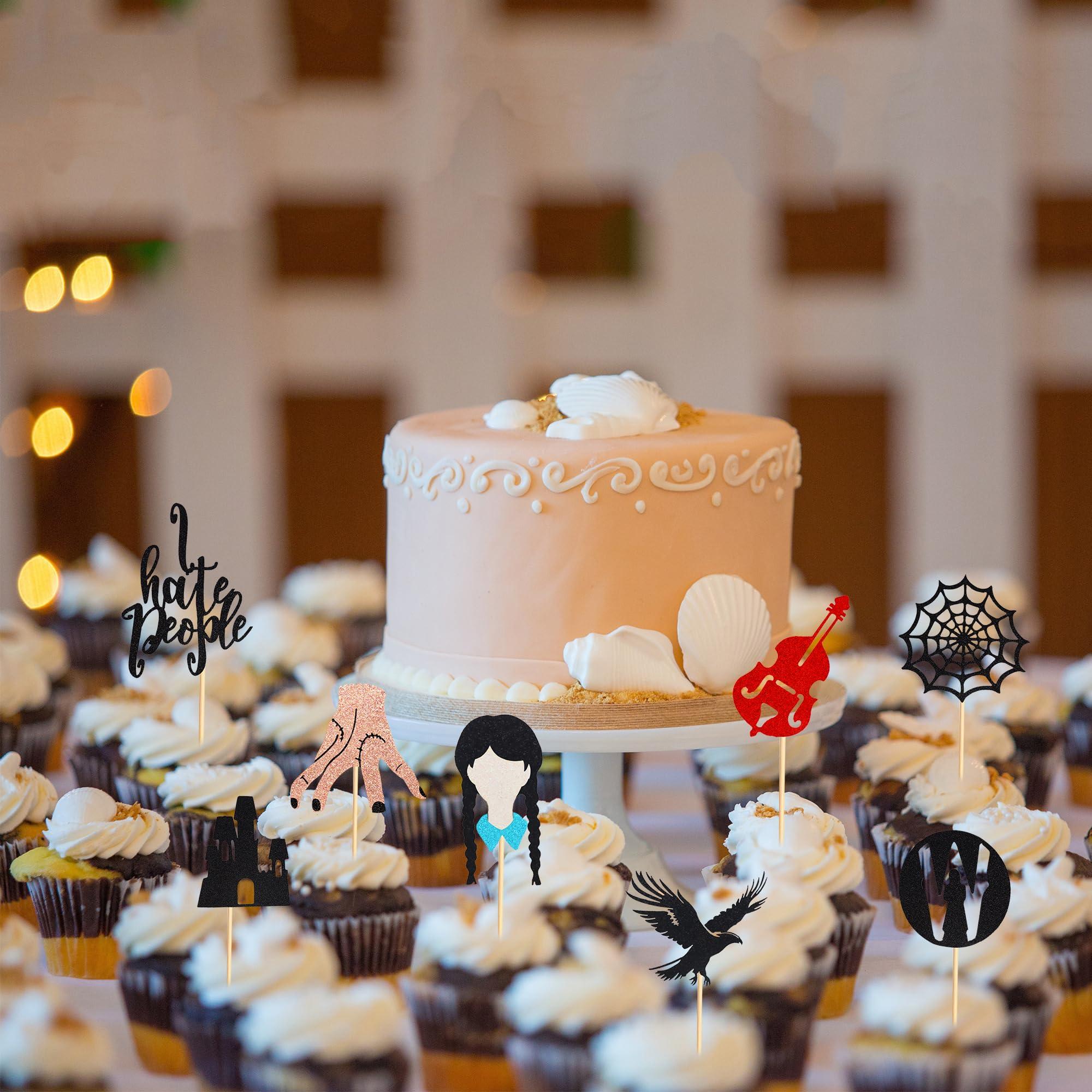 Arthsdite Arthsdite 24Pcs Horror Wednesday Addams Cupcake Toppers Thing Hand Black Eagle I Hate People Cobweb Castle Girl Addams Family Cupcake Picks for Fantasy Wednesday Birthday Party Cake Decorations