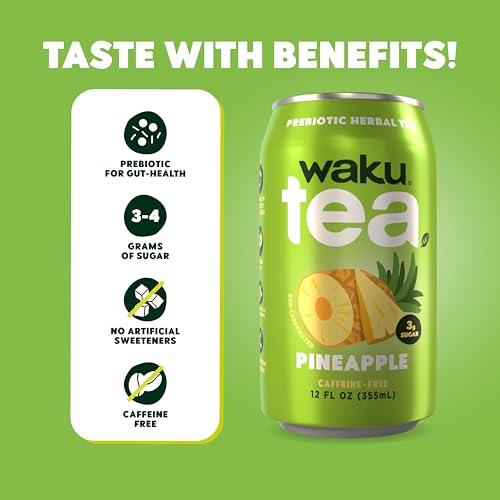 W WAKU HEALTHY TRADITION WAKU TEA, Prebiotic Herbal Tea, Pineapple, Supports Digestive & Gut Health, Keto Friendly, Zero Added Sugar, 5g Fiber, Caffeine Free, Natural Sweetner, 12 pack, 12oz Cans