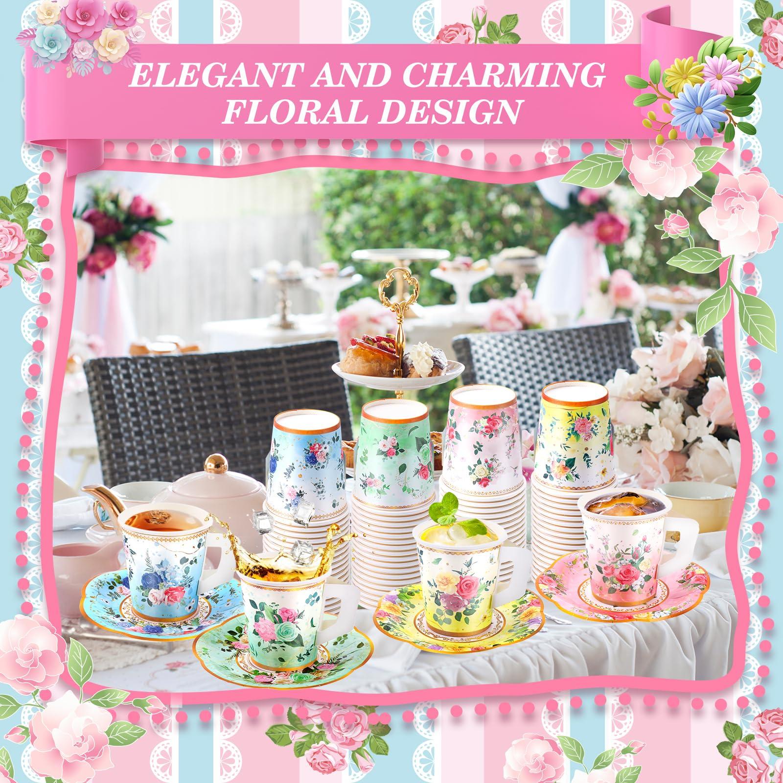 SUMMORO SUMMORO 160 Pcs Floral Paper Tea Cups and Saucers 7 OZ Disposable Paper Tea Cups with Handle and Plates for Tea Party Decoration Birthday Baby Shower Bridal Wedding Mother\'s Day