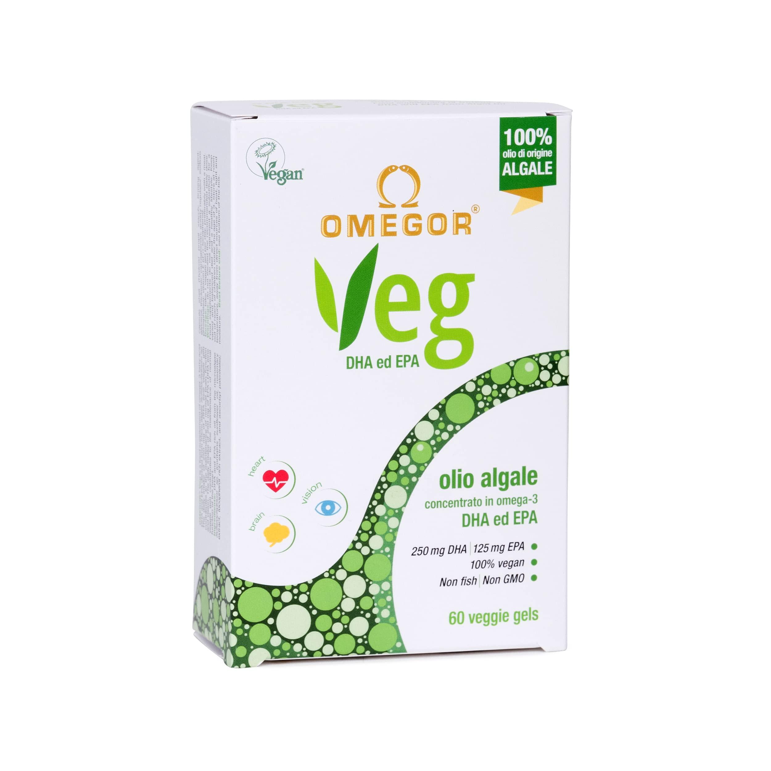 OMEGOR Omegor Veg Omega-3 Vegan (60 Capsules) Plant-Based Omega-3 Derived from Algal Oil, Enriched with Vitamin E Contains 250mg DHA and 125mg EPA per Capsule IFOS and Vegan Society Certified