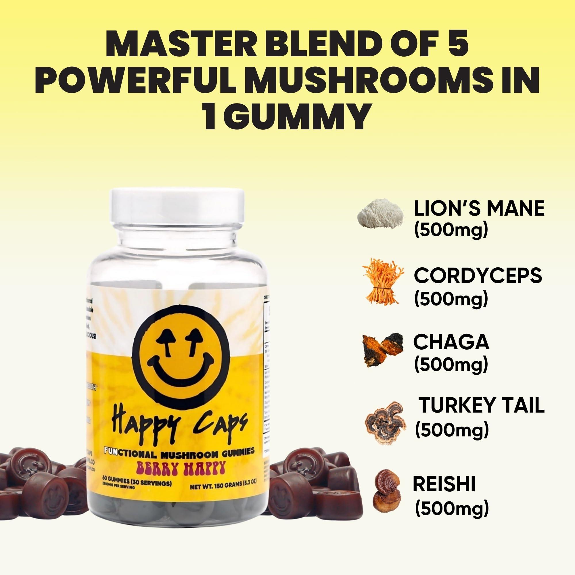 Happy Caps Happy Caps Functional Mushroom Gummies - Lions Mane, Cordyceps, Chaga, Reishi - Immune System Booster & Nootropic Brain Supplement - 60 Gummies (1)