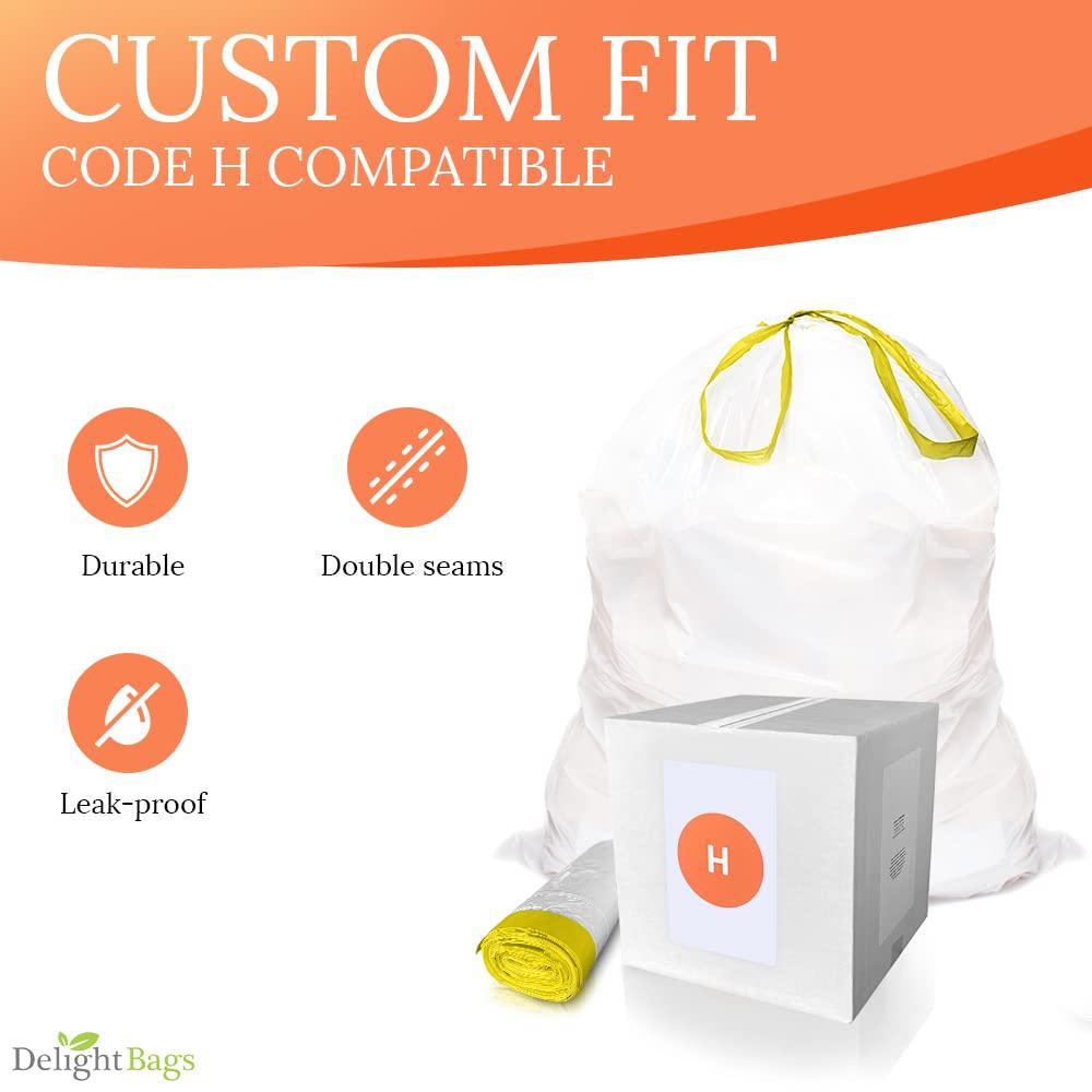 Delight Bags CODE H (100 Count), Compatible with Simplehuman Code H, White, Drawstring Trash Bags