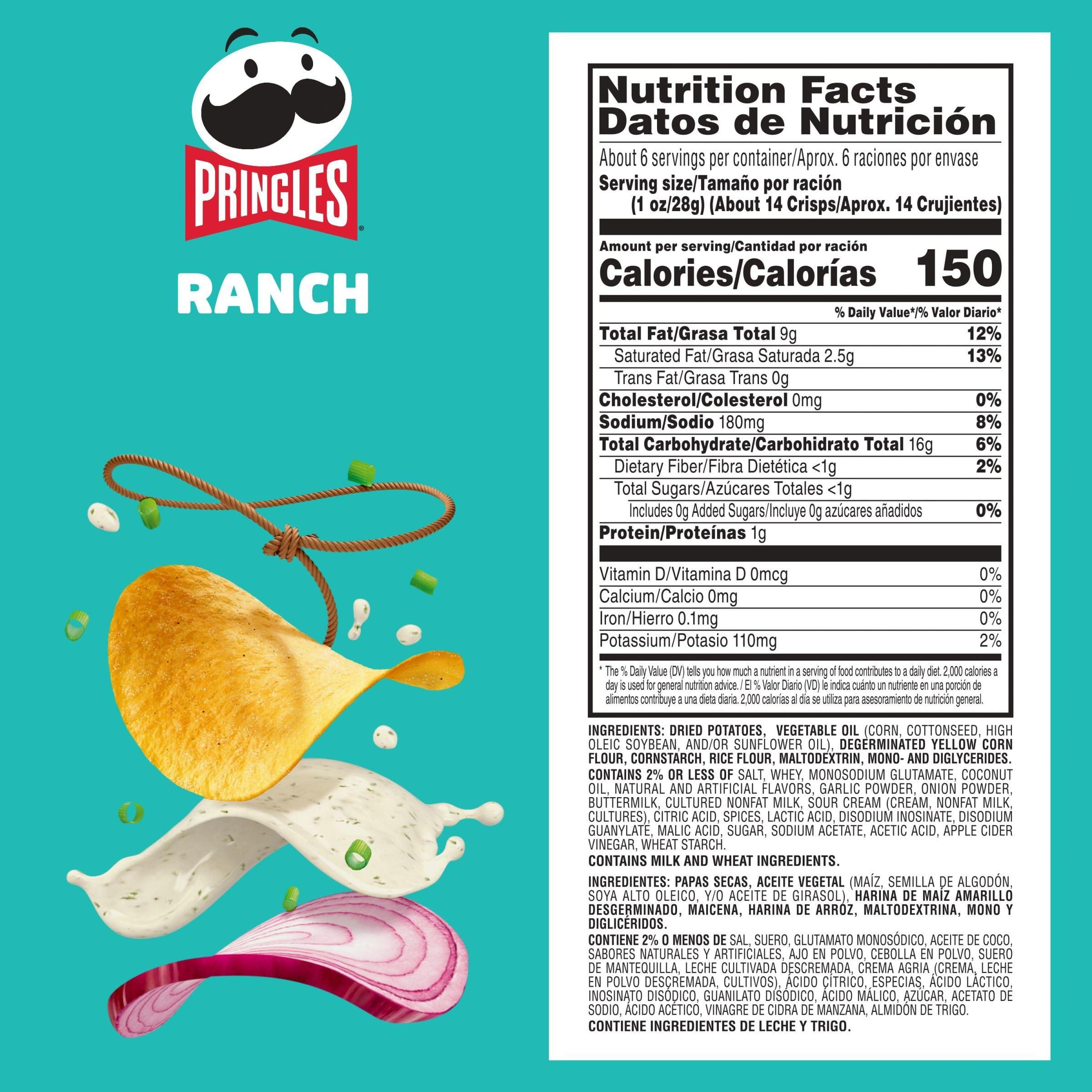 Pringles Pringles Potato Crisps Chips, Lunch Snacks, On-The-Go Snacks, Ranch, 5.5oz Can (1 Can)