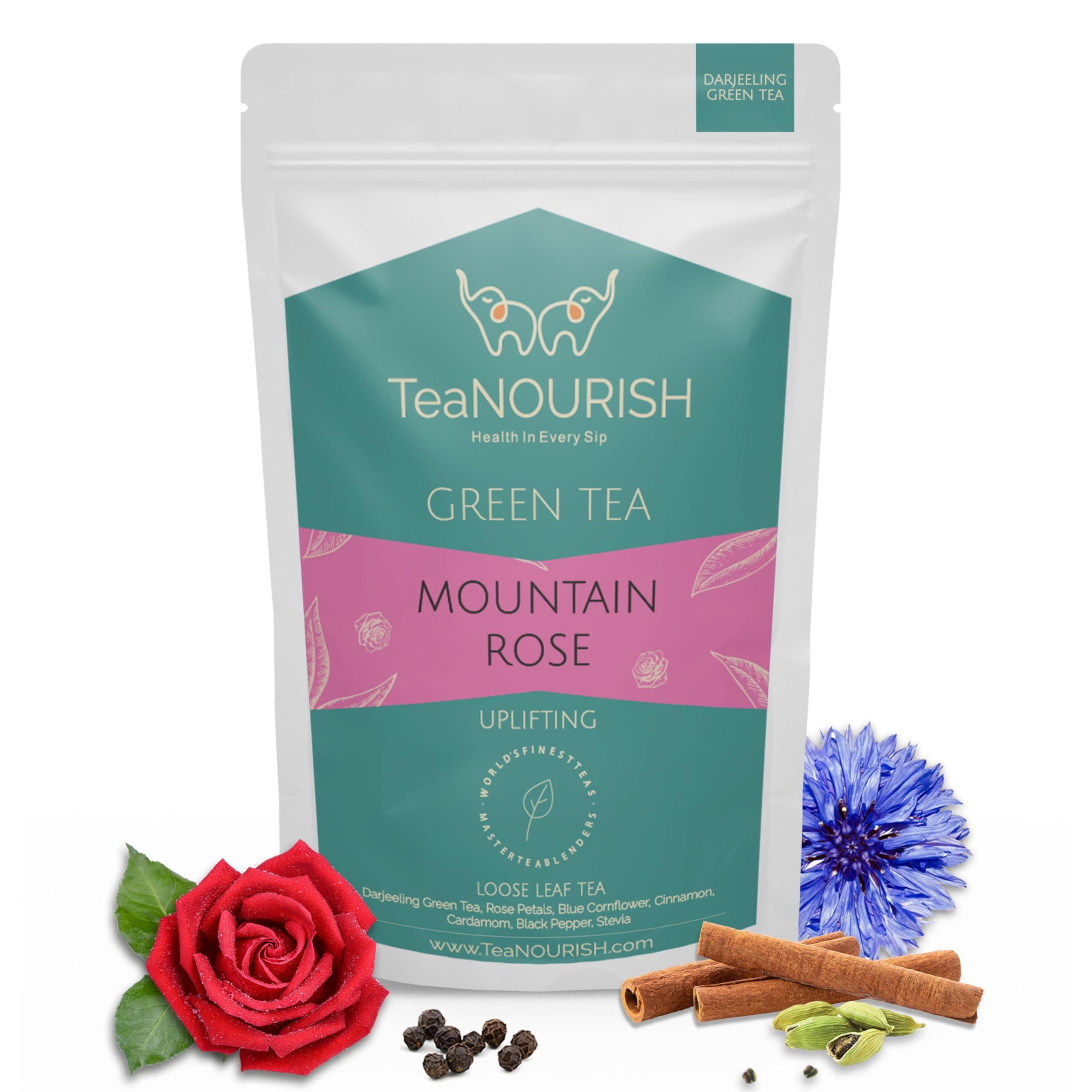 TEANOURISH TeaNOURISH Mountain Rose Green Tea | Loose Leaf Tea | Blended with Rose Petals, Blue Cornflower & Cinnamon | 100% NATURAL INGREDIENTS | Brew Hot or Iced Tea - 1.76oz/50g