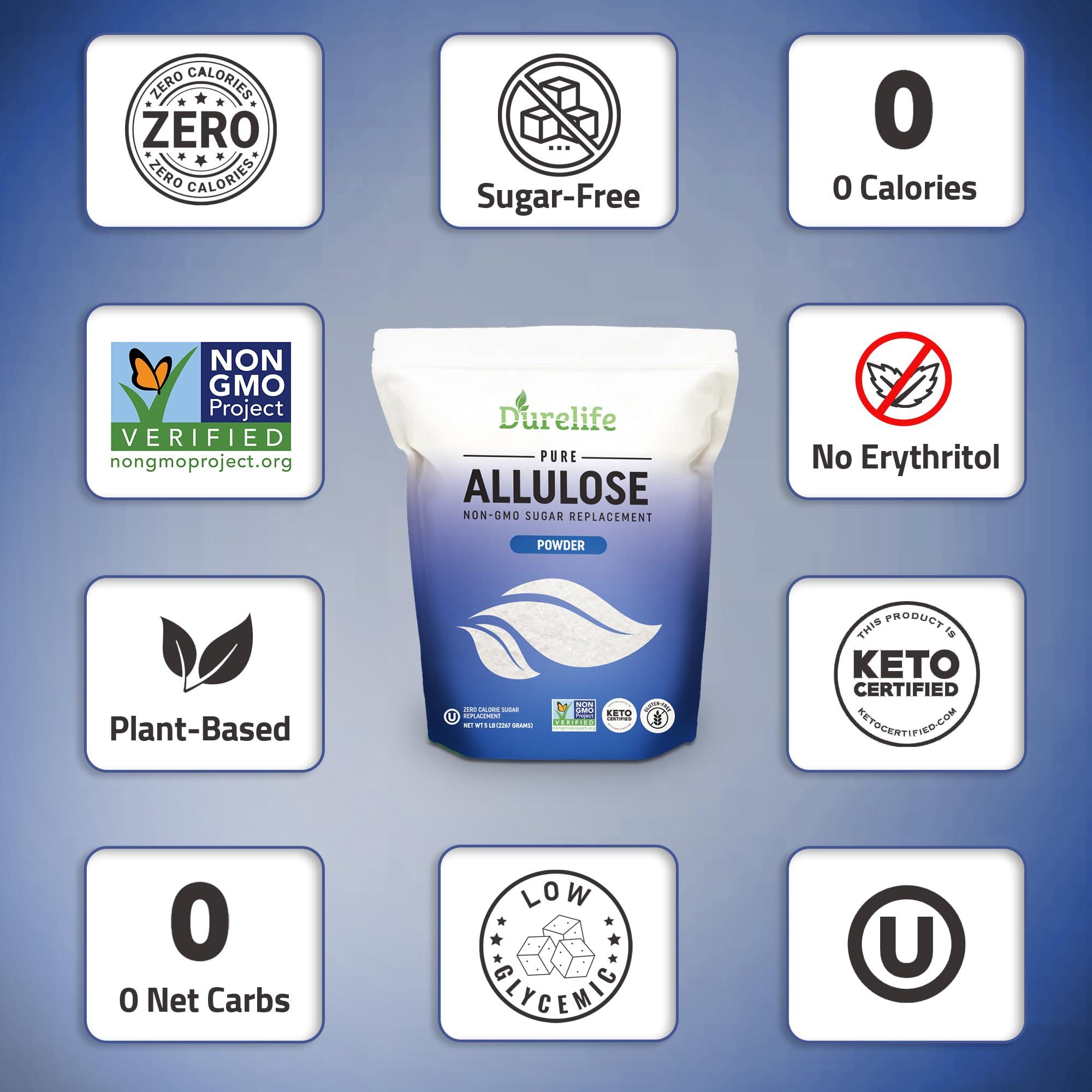 DureLife Durelife Allulose sweetener, 5 lb 100% Pure No Erythritol powdered Sugar Substitute, NON-GMO Project Verified, Keto Certified, OU kosher, No Fillers, Zero Calories sugar alternative 5 Lbs