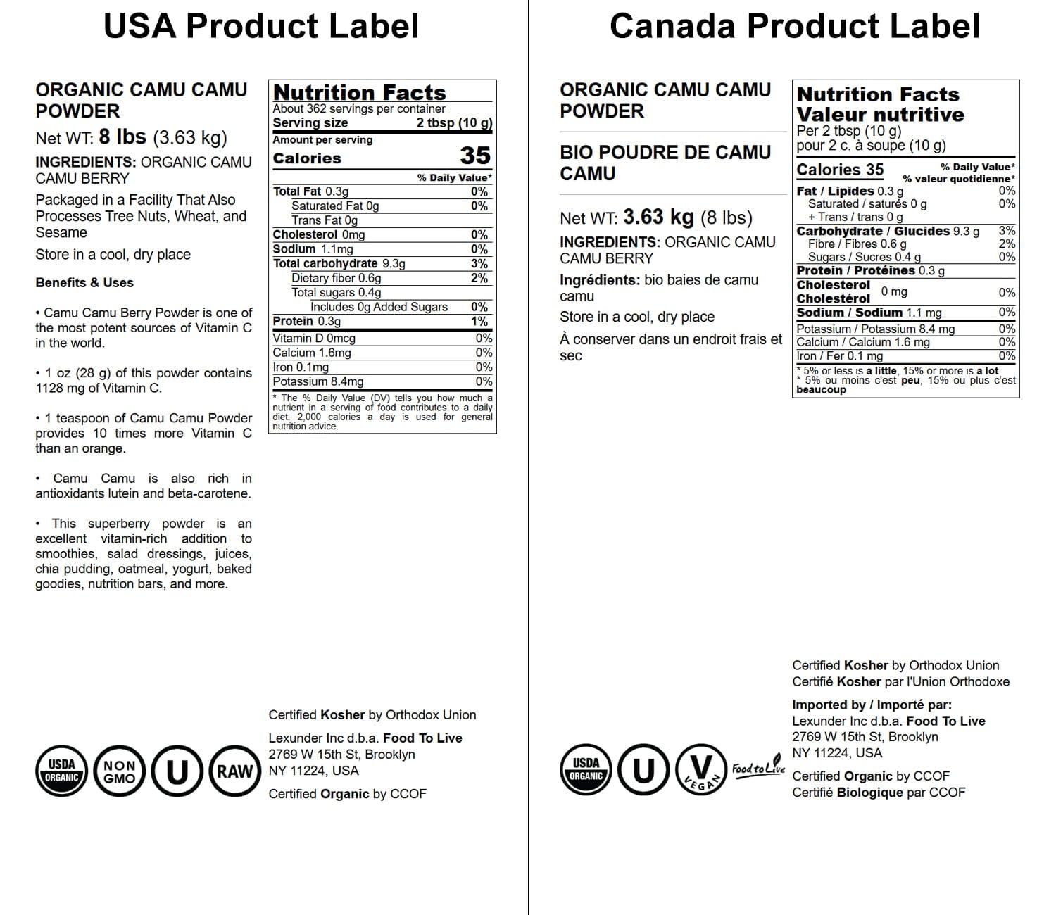 Food to Live Food to Live - Organic Camu Camu Powder, 8 Pounds - Non-GMO, Kosher, Raw, Vegan Superfood, Bulk, Non-Irradiated, Pure, Great for Baking and Drinks