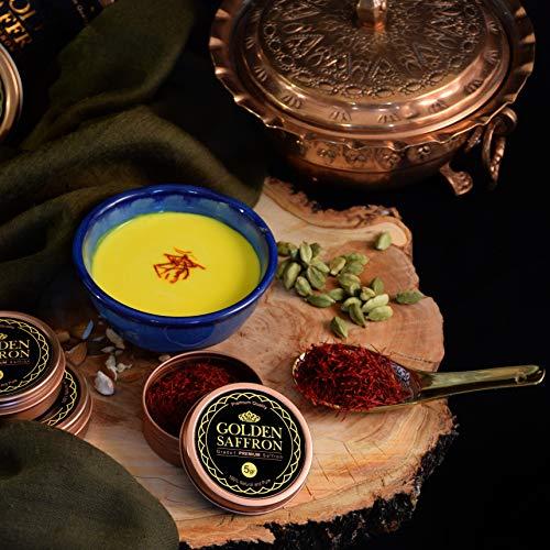 GOLDEN SAFFRON Golden Saffron, Finest Pure Premium All Red Saffron Threads, Grade A+ Super Negin, Non-GMO Verified. For Tea, Paella, Rice, Desserts, Golden Milk and Risotto (5 Grams)