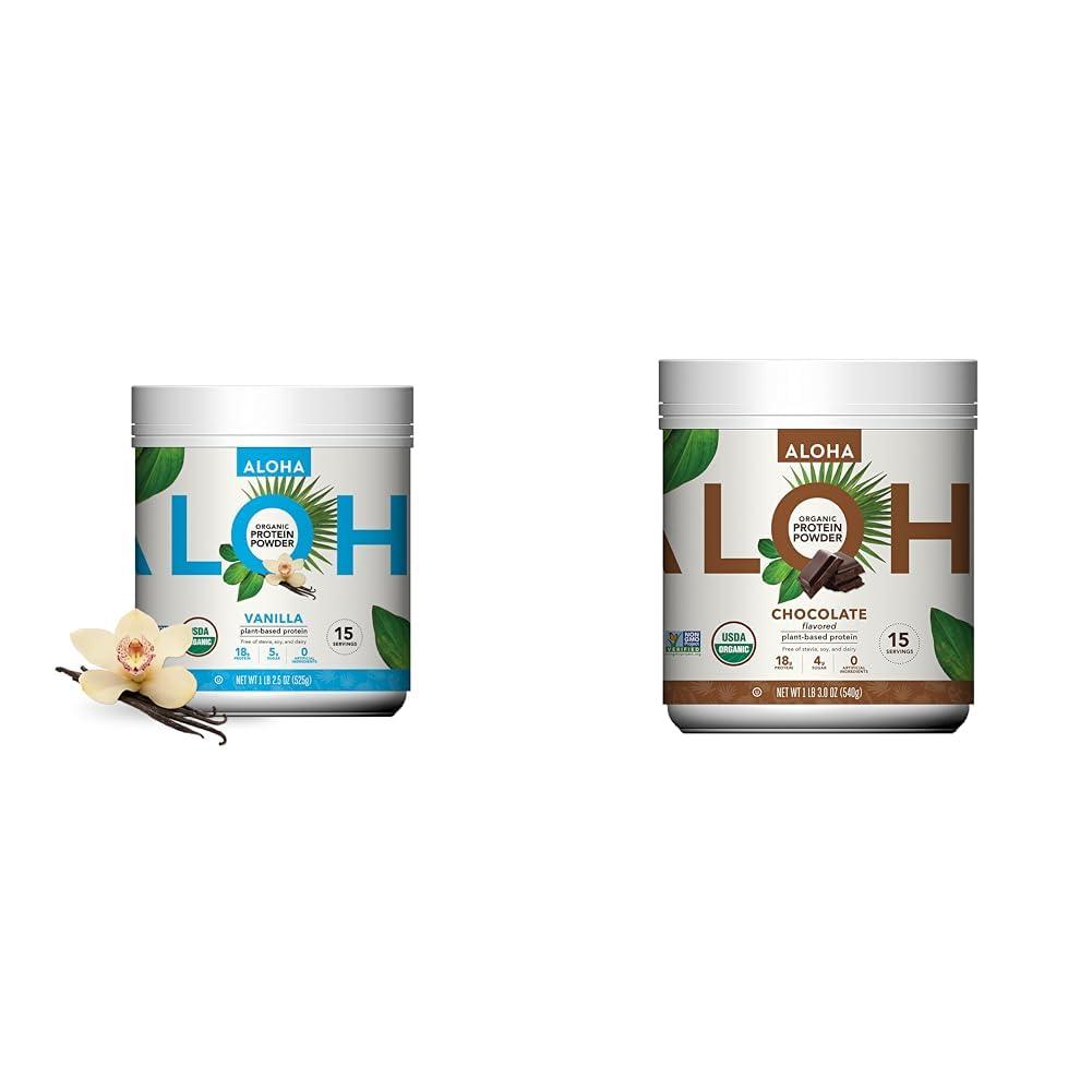 ALOHA ALOHA Organic Plant Based Protein Powder Bundle, Vanilla 19.6 oz & Chocolate 19.6 oz, 15 Servings Each