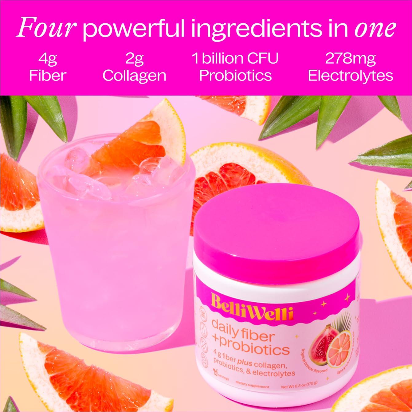 Belli Welli BelliWelli Daily Fiber Supplement Powder with Collagen, Probiotics & Electrolytes | Supports Digestive Health, Gut Balance & Debloating | Tropical Breeze | 16 Servings