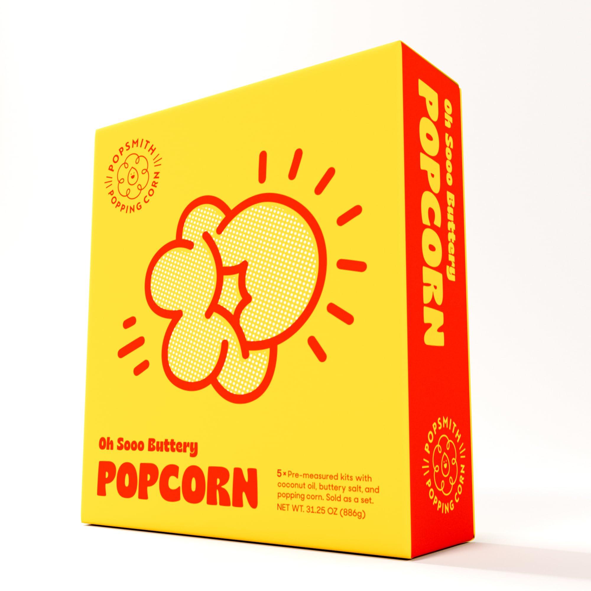 POPSMITH Popsmith Popcorn Pre-Measured Popcorn Kits - Five 4-oz Buttery Popcorn Kits with Butter Flavored Coconut Oil & Buttery Popcorn Salt. Authentic Movie Theater Flavor.