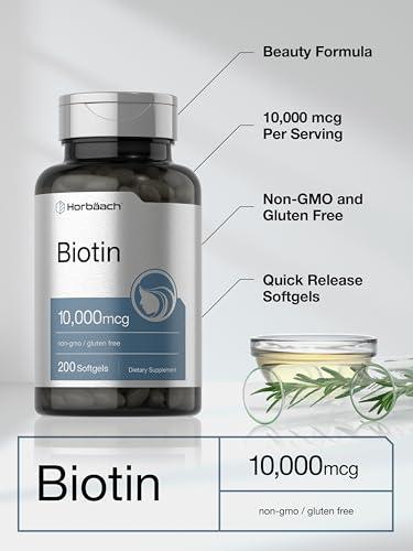 Horbach Horbaach Biotin 10000 mcg | 200 Softgels | Vitamin B7 Supplement | Non-GMO & Gluten Free