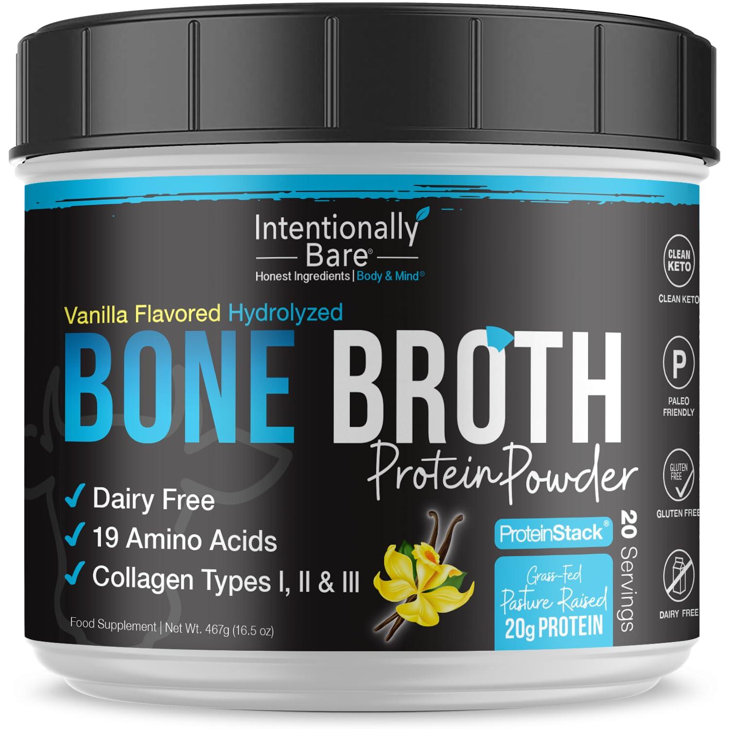 Intentionally Bare Intentionally Bare Bone Broth Organic Protein Powder Vanilla - Grass Fed Vanilla Protein with Collagen Types 1 2 & 3 - Keto Collagen Powder - Vanilla Collagen Powder for Joints & Gut - 20 Servings