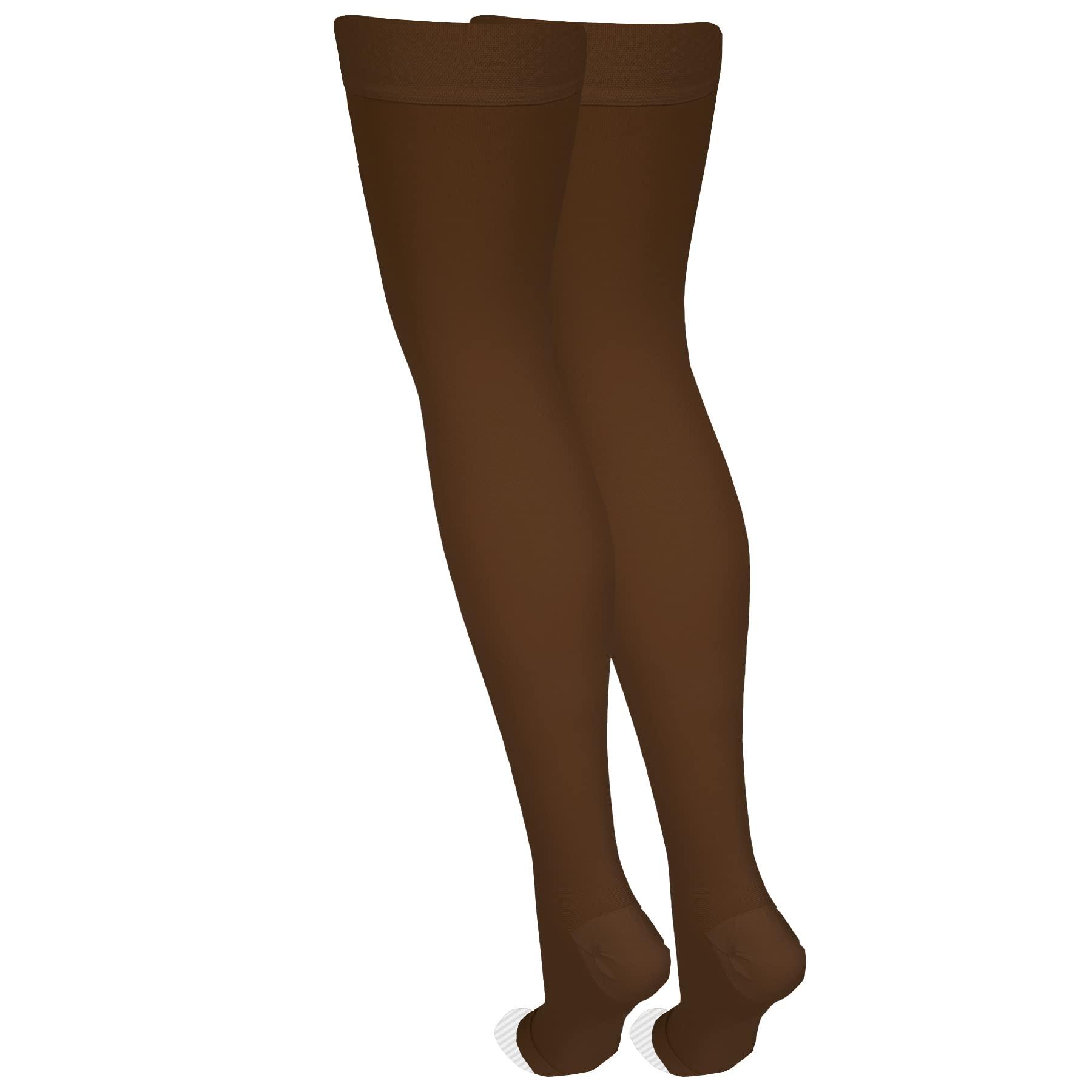 NuVein NuVein Medical Compression Stockings, 20-30 mmHg Support, Women & Men Thigh Length Hose, Open Toe, Brown, 2X-Large