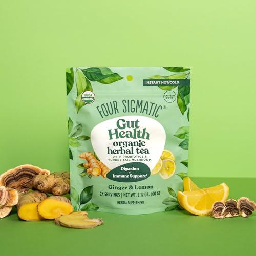 Four Sigmatic Four Sigmatic Happy Gut Organic Herbal Tea | Organic Lemon Ginger with Probiotics & Turkey Tail Mushroom | Instant Digestive Tea | Vegan, Gluten-Free | Lemon Ginger, 24 Servings