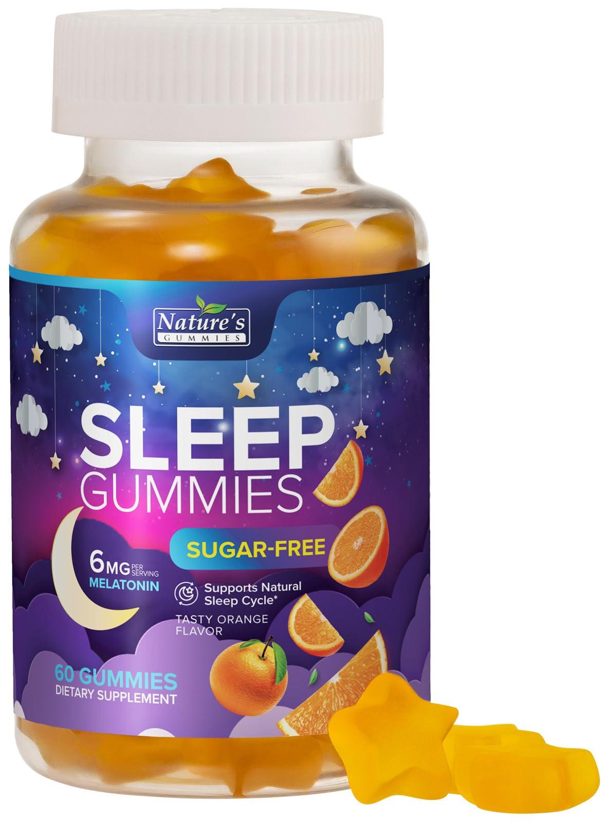 Nature's Gummies Sleep Gummies for Adults 6mg - Sugar Free Extra Strength Melatonin Gummy, Natural Sleeping Gummy for Adults, Kids, Orange Flavored, Vegan, Non-GMO, Sleep Vitamin Support Supplement - 60 Gummies