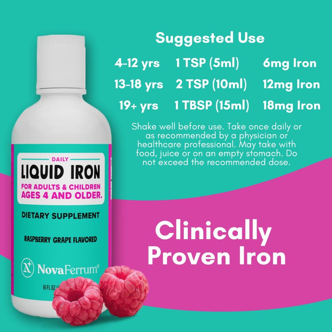 NovaFerrum NovaFerrum Yummy 16 Fl Oz | Liquid Iron Supplement for Ages 4 & Up | 18mg of Iron/Tbsp | Gluten Free | Sugar-Free | Raspberry Grape