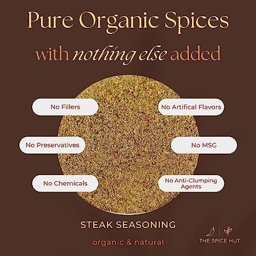 The Spice Hut Spice Hut - Organic Steak Seasoning & Dry Rub for Prime Rib, Roast, Burger / Sugar-Free, with Salt / Roadhouse Grill Spice Mix for Chicken, Chop House Seasoning Steak & Beef Rub / All-Natural, Kosher, Vegan, Gluten Free, Keto -No MSG- 3.5oz Glass Jar