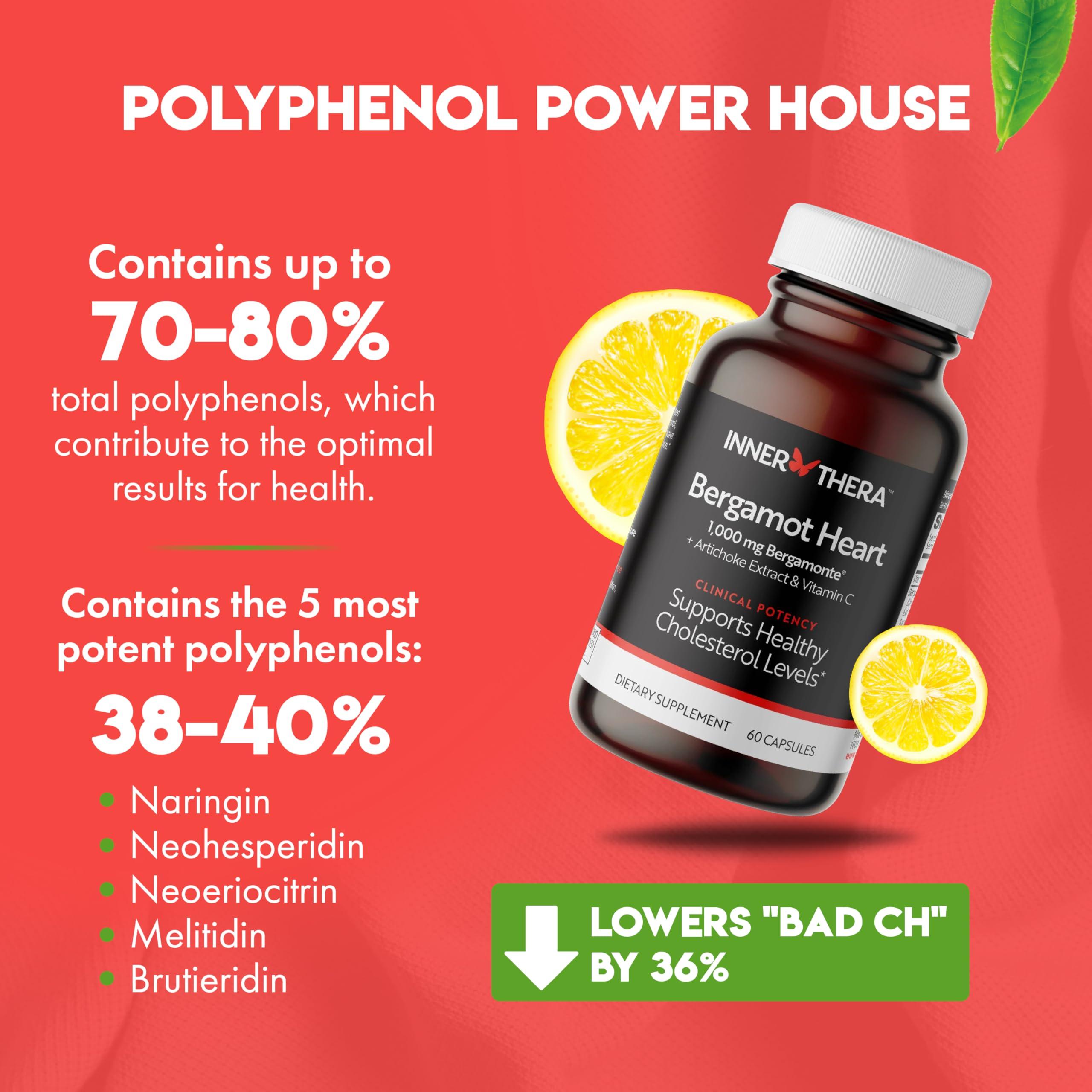 INNERTHERA Bergamot Heart Advanced Italian Citrus Bergamot - Clinically Proven & Cardiologist Developed- Highest Polyphenols - 1000mg Patented Italian Bergamonte - Supplement for High Cholesterol & Heart Health