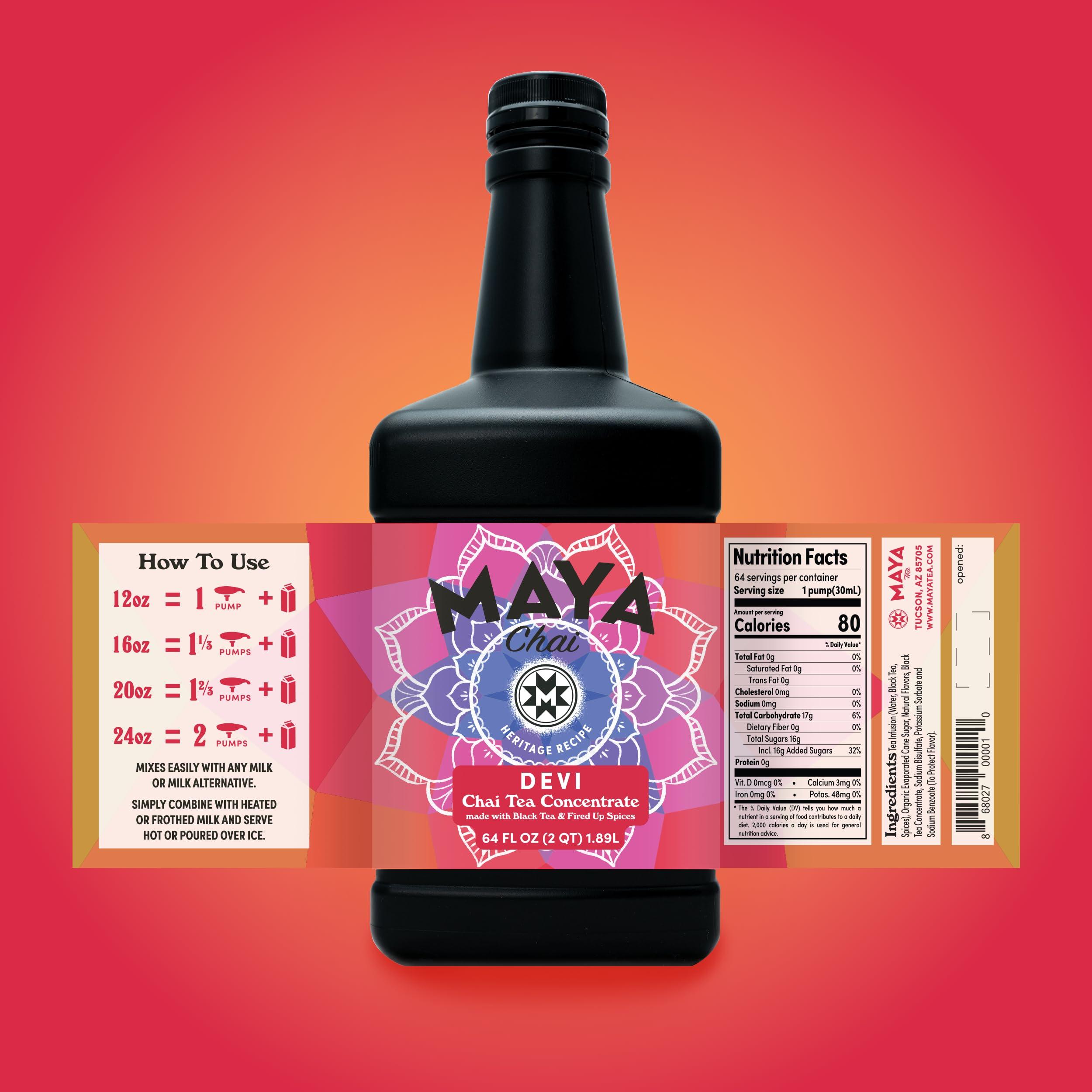 Maya Tea Maya Chai Tea Concentrate, Devi, Extra Spice, Heritage Recipe, 64 Fl Oz, Pack of 4 with 1 Pump