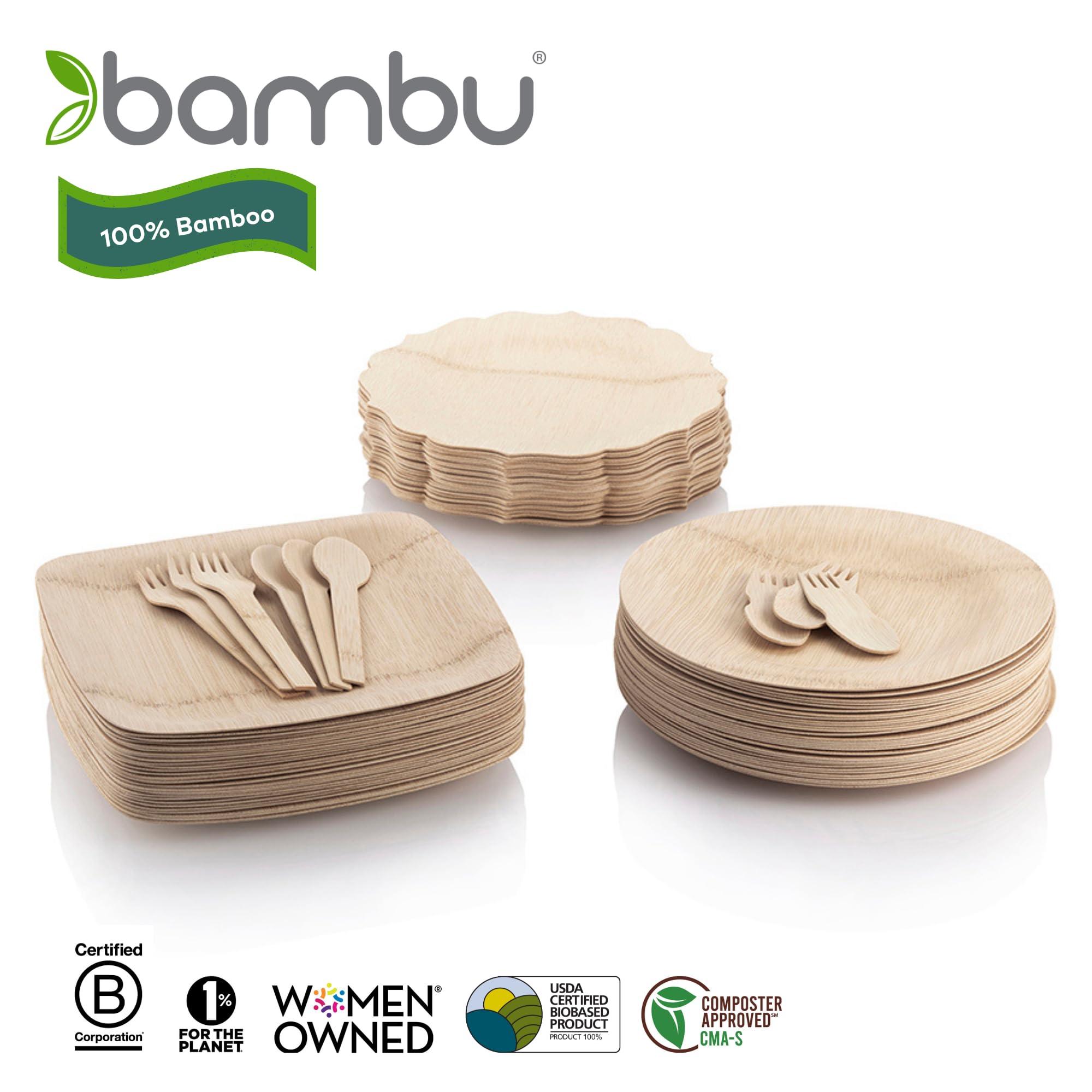 bambu Bambu Pack of 8 - 11 Inch Disposable Bamboo Plates Square, Biodegradable Eco Friendly Products, Bamboo Disposable Plates for Events, Compostable Plate