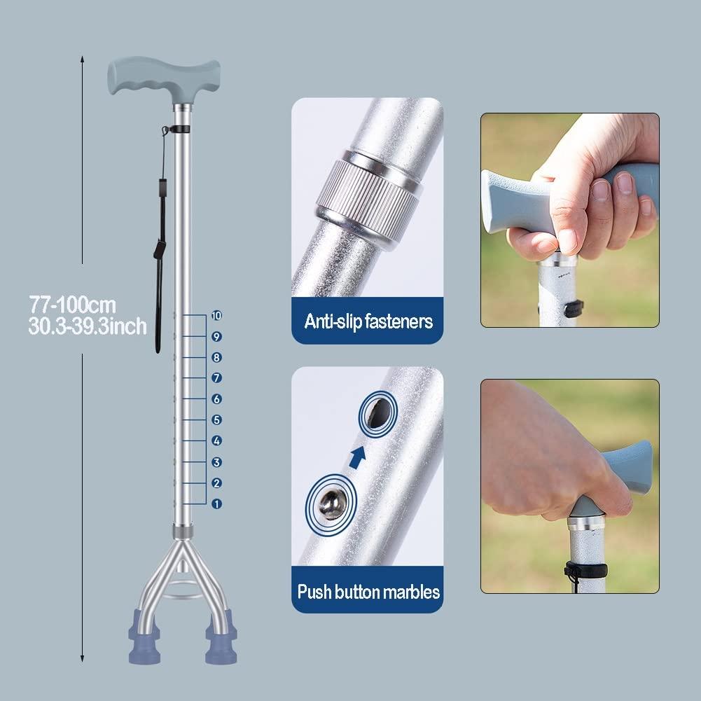 NineLife Basics Silver Quad Cane, Walking Cane for Men and Women, Adjustable Walking Sticks with Wrist Strap, 4-Pronged Base for Extra Stability, 1 Unit