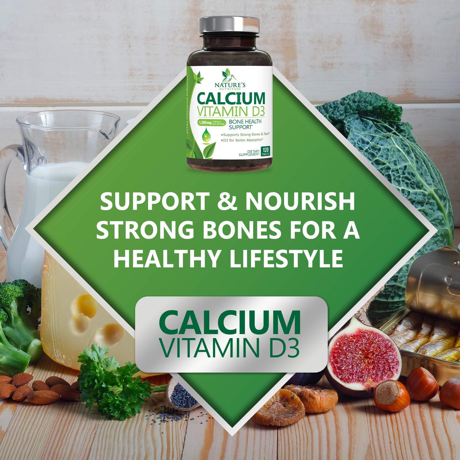 Nature's Nutrition Calcium 1200 mg with Vitamin D3, Calcium Supplement Vitamins, Supports Bone Strength, Teeth & Immune System, Calcium Supplements for Women & Men, Nature\'s Absorbable Calcium Carbonate - 120 Tablets