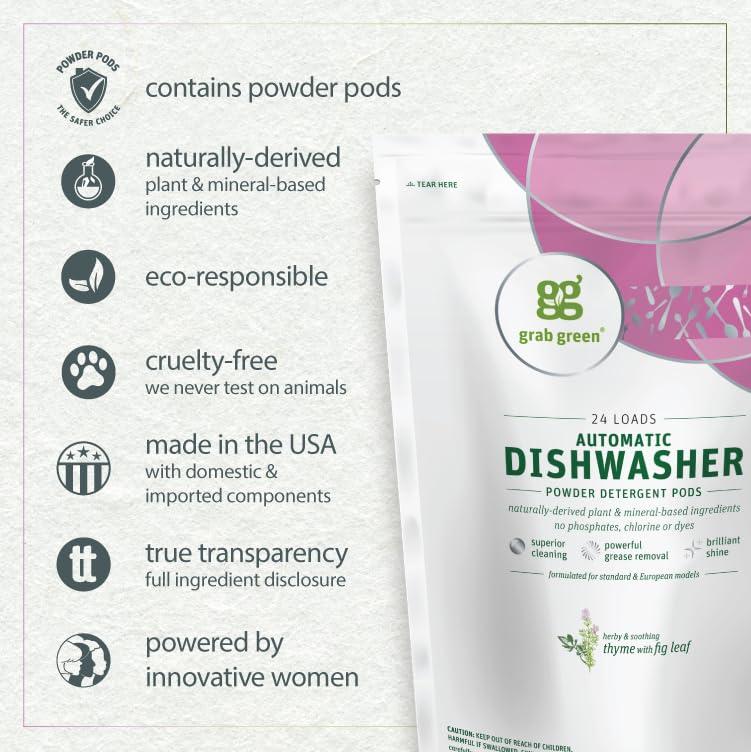 Grab Green Grab Green Automatic Dishwashing Detergent Pods, 132 Count, Thyme Fig Leaf Scent, Plant and Mineral Based, Superior Cleaning, Powerful Grease Removal,