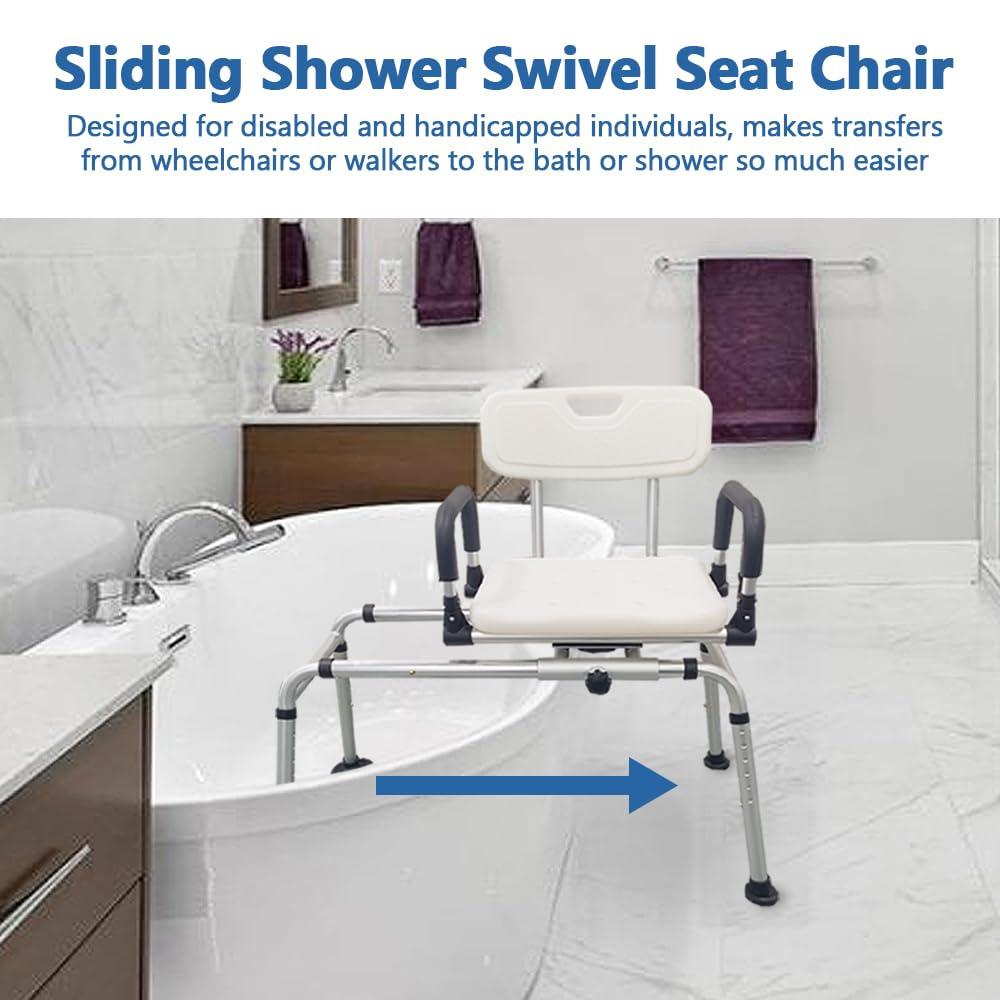 EDWERD Sliding Shower Chair with Swivel Seat - Bath Tub Transfer Benches for Disabled Handicap, Weight Capacity up to 350 LBS, Adjustable Height: 14"~19"