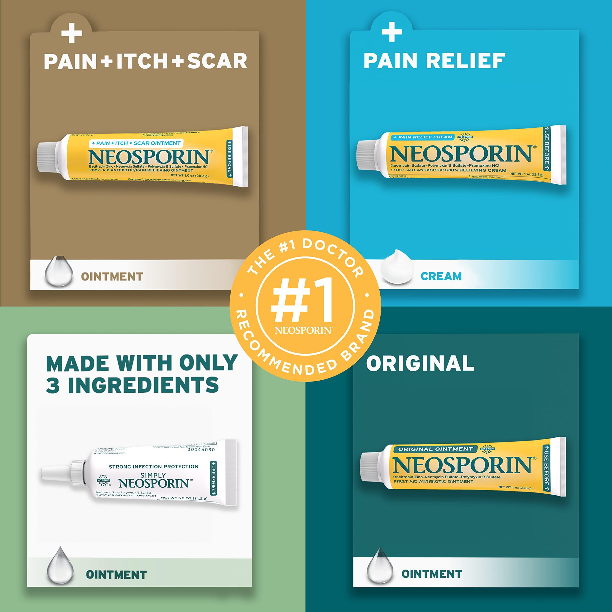 Neosporin Neosporin Antibiotic Pain-Relieving, Anti-Itch, & Scar Appearance Minimizer Ointment with Neomycin & Bacitracin Zinc, 24-Hour Infection Protection for Minor Cuts, Scrapes & Burns,.5 oz