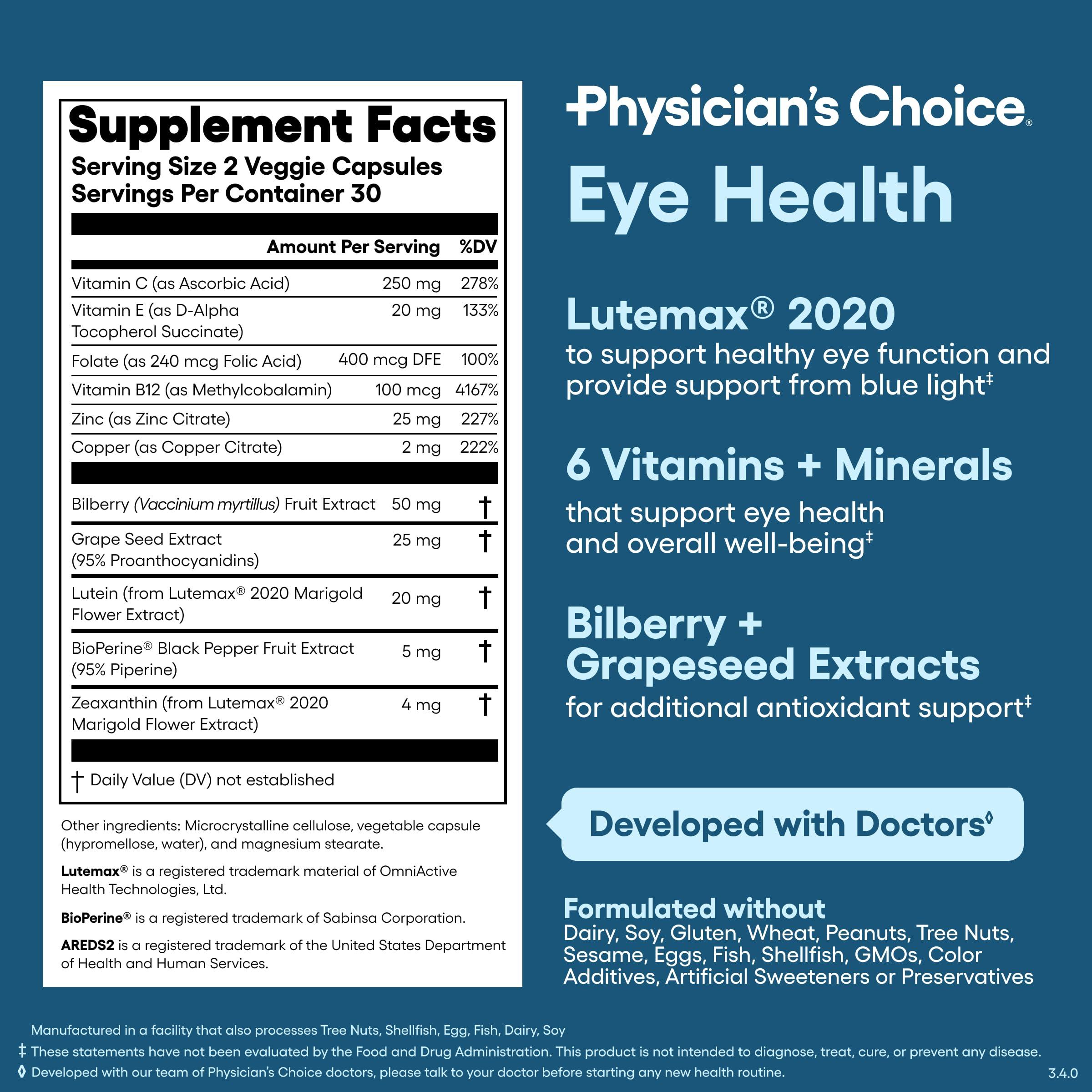 Physician's CHOICE Areds 2 Eye Vitamins - Lutein, Zeaxanthin & Bilberry Extract - Supports Eye Strain, Dry Eyes, and Vision Health - 2 Award-Winning Clinically Proven Eye Vitamin Ingredients - Carotenoid Blend
