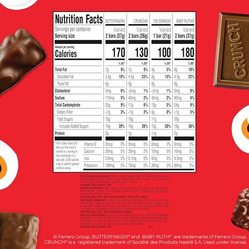Butterfinger Butterfinger, CRUNCH, Baby Ruth and 100 Grand, Bulk 60 Pack, Assorted Fun Size Chocolate Candy Bars, Stocking Stuffers, 37.2 oz
