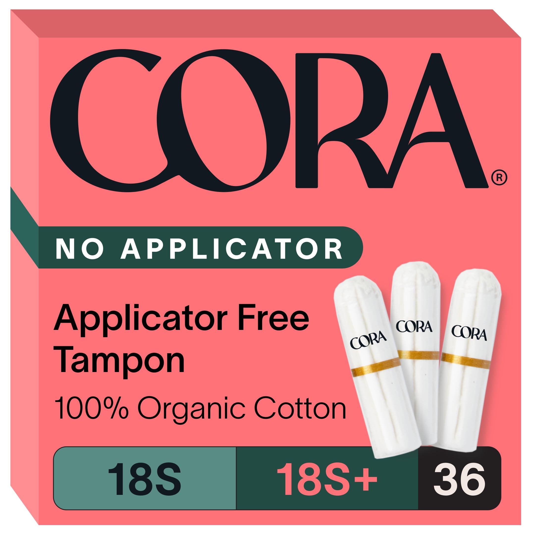 Cora Cora 100% Organic Cotton Non-Applicator Tampons | Ultra-Absorbent, Unscented, Natural, Non-Toxic, Applicator Free | Eco-Conscious S/S+ (36 S/S+ Tampons)