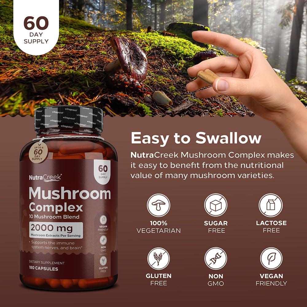 NutraCreek NutraCreek Mushroom Complex | Cordyceps Mushroom, Reishi, Shiitake, Maitake and Lions Mane Supplement. A 10-Mushroom Supplement to Support Your Mind and Body | 60 Mushroom Capsules