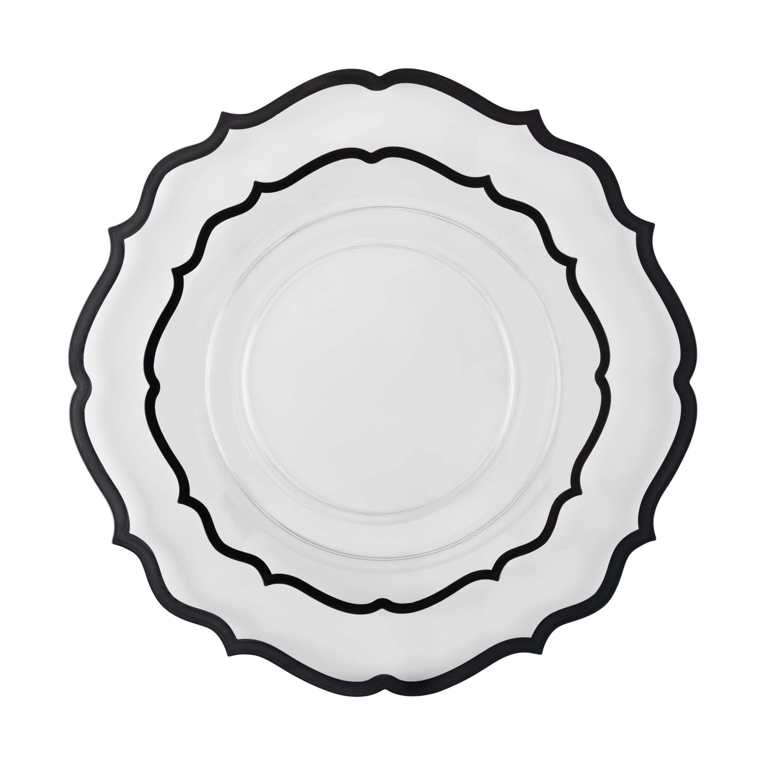 PLASTICPRO PLASTICPRO 32 Pack Elegant Disposable Plastic Plates Combo Set Includes 16 Dinner Plates and 16 Salad Plates Heavy Duty Fancy Party Plates Clear & Black Contemporary Design