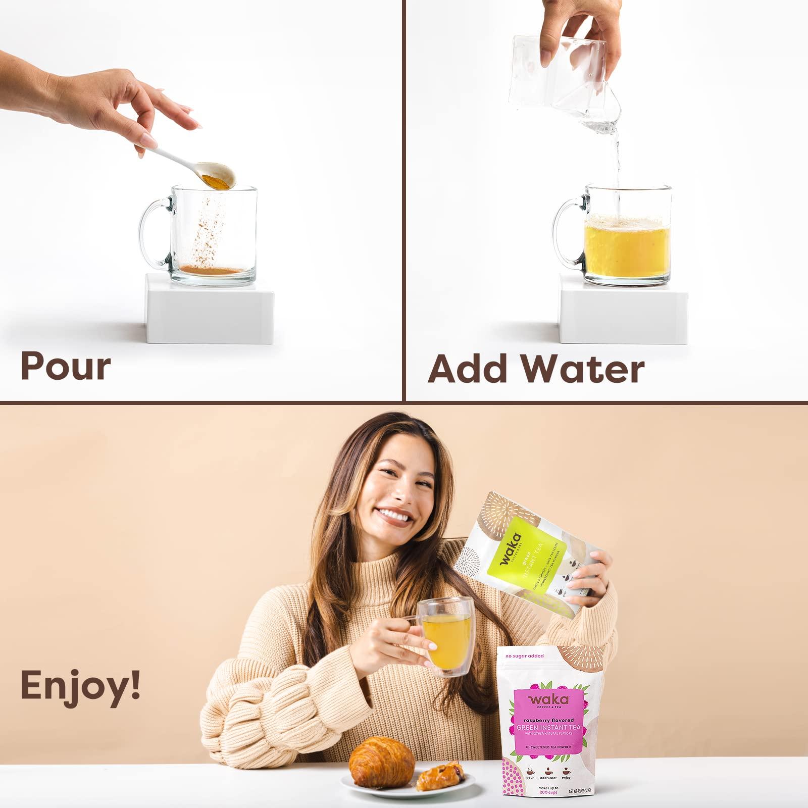 Waka Coffee Waka Instant Tea Mix, 2 Bag Bundle - 100% Tea Leaves, No Additives, Unsweetened Tea Powders - Classic & Raspberry Flavored Green (4.5oz Each)