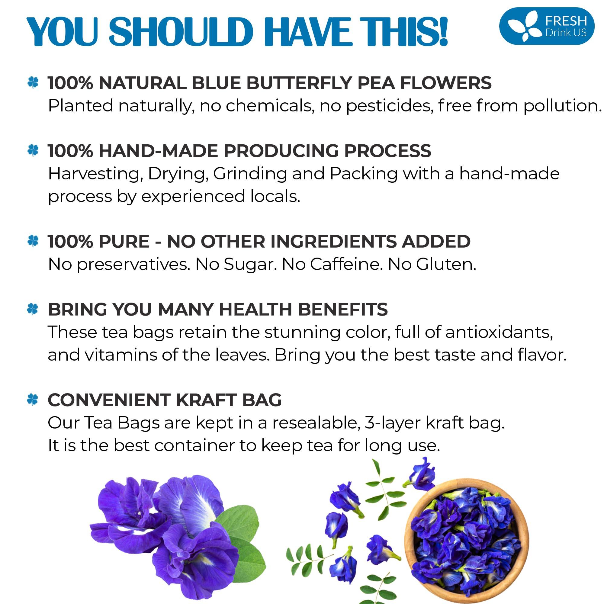 FRESHDRINKUS FreshDrinkUS, Premium 55 Butterfly Pea Tea Bags, 100% Natural and Pure from Butterfly Pea Flowers, Hand-made, Made With Natural Materials-Corn Fiber Tea Bag, Sugar/Caffeine/Gluten Free, Vegan