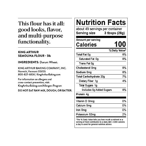 King Arthur King Arthur Premium Semolina Flour: Coarse Ground, High Protein Durum Wheat for Perfect Pasta, Pizza, and Bread Making - Kosher, 3 lbs Resealable Bag, USA-Grown Wheat, Versatile Baking Ingredient