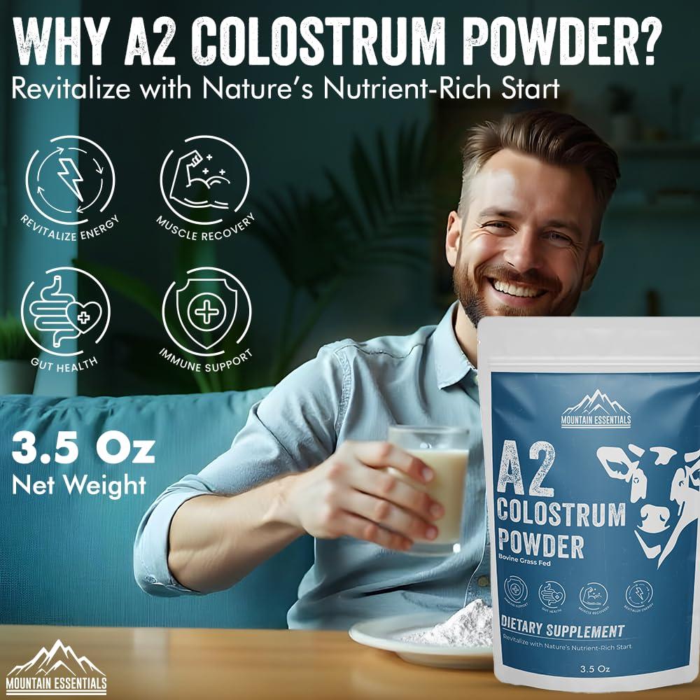 MOUNTAIN ESSENTIALS Freeze Dried A2 Colostrum Powder 3.5 Oz Bovine Grass Fed, Gluten Free, Non-GMO, Sugar Free with 1 Year Shelf Life 50 Servings | Dietary Supplement Immune Support, Gut Health, Muscle Recovery 1 Pack