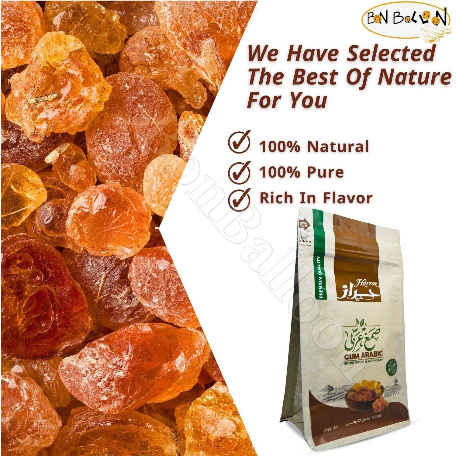 Egyptian Pure & Natural Instant Harraz Gum Powder Arabic Hashab Pure Premium Acacia Arab Arabian Dried Saracenic Sengalia Senegal Acacia Seyal Non Gmo & Vegan Halal Kosher (5.29 oz / 150 gm)