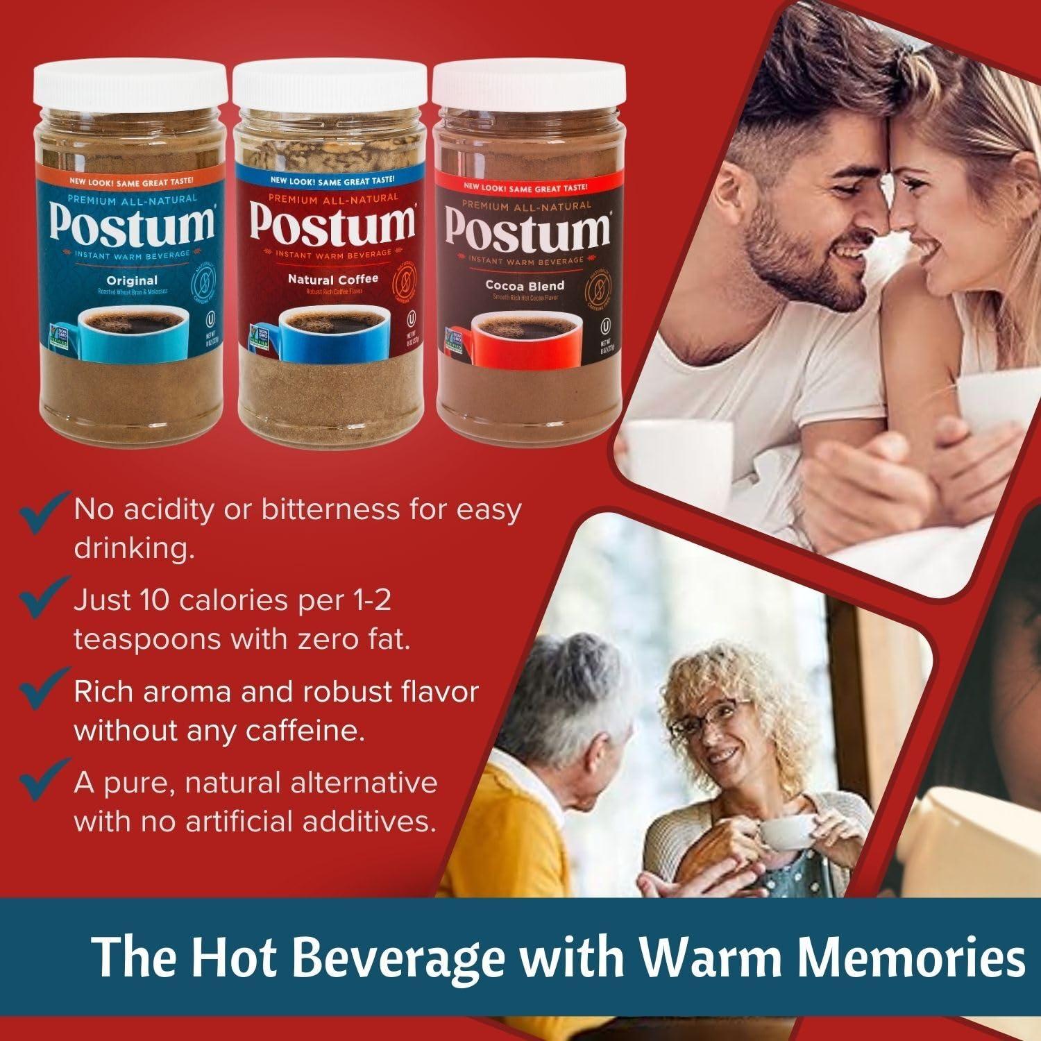Postum Postum Variety Bundle Coffee Substitute Caffeine Free: Postum Original Roasted Wheat Bran & Molassess, Cocoa Blend & Natural Coffee (Pack of 3) | All-Natural & Healthy Coffee Alternative Caffeine Free