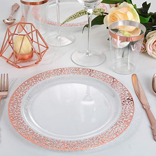 I00000 I00000 102 Pieces Rose Gold Plastic Lunch Plates, 9” Clear Disposable Dinner Plates with Rose Gold Lace Rim, Ideal for Big Parties or Wedding for Wedding & Party